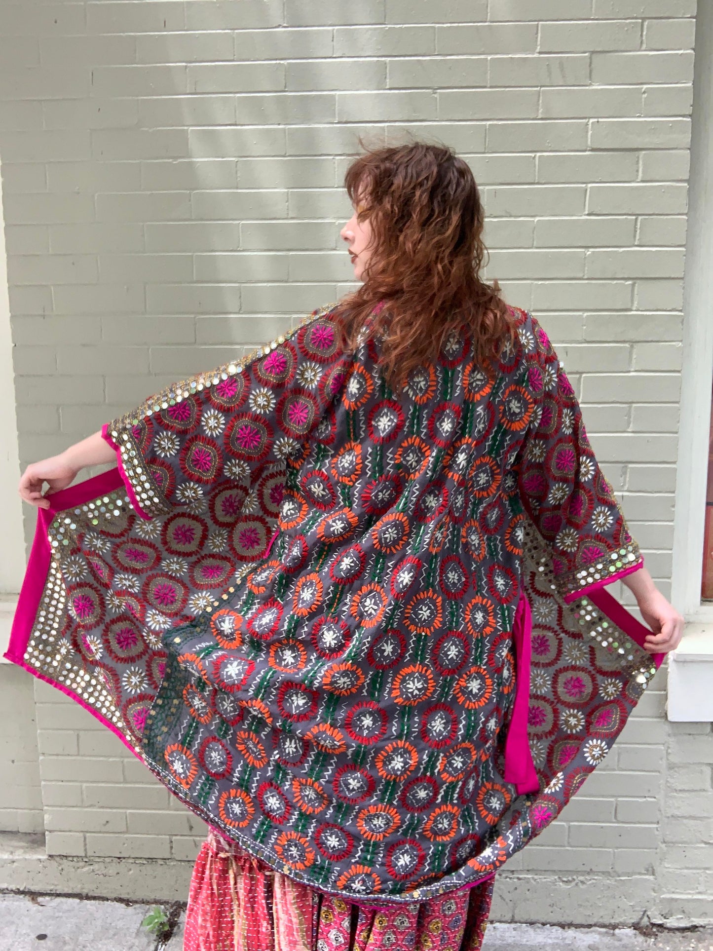 Embellished Embroidered Kimono - Brown/Pink - La De Da
