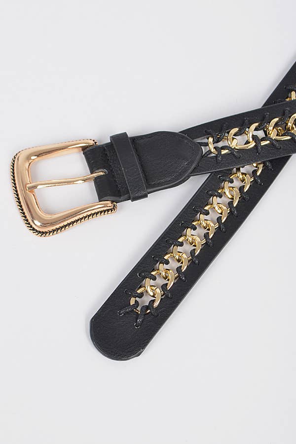 Chain Inside Frame Buckle Belt - Black/Gold