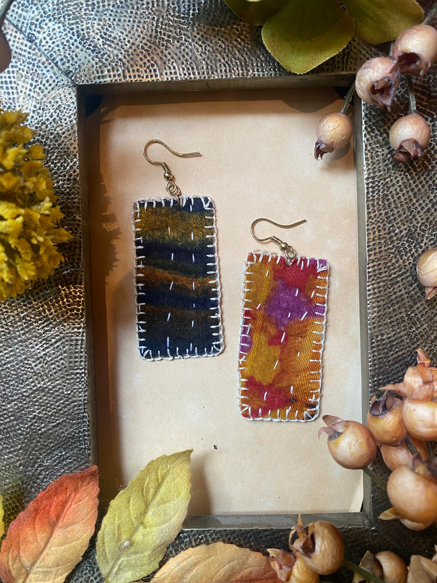 Teal Floral Reversible Kantha Patch Earrings - La De Da