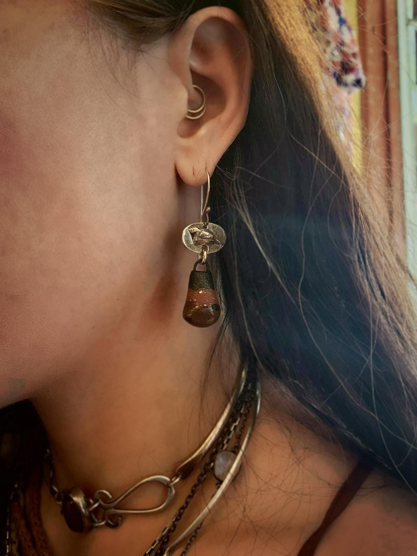 Ceramic Teardrop Fine Silver Bird Earrings* - La De Da