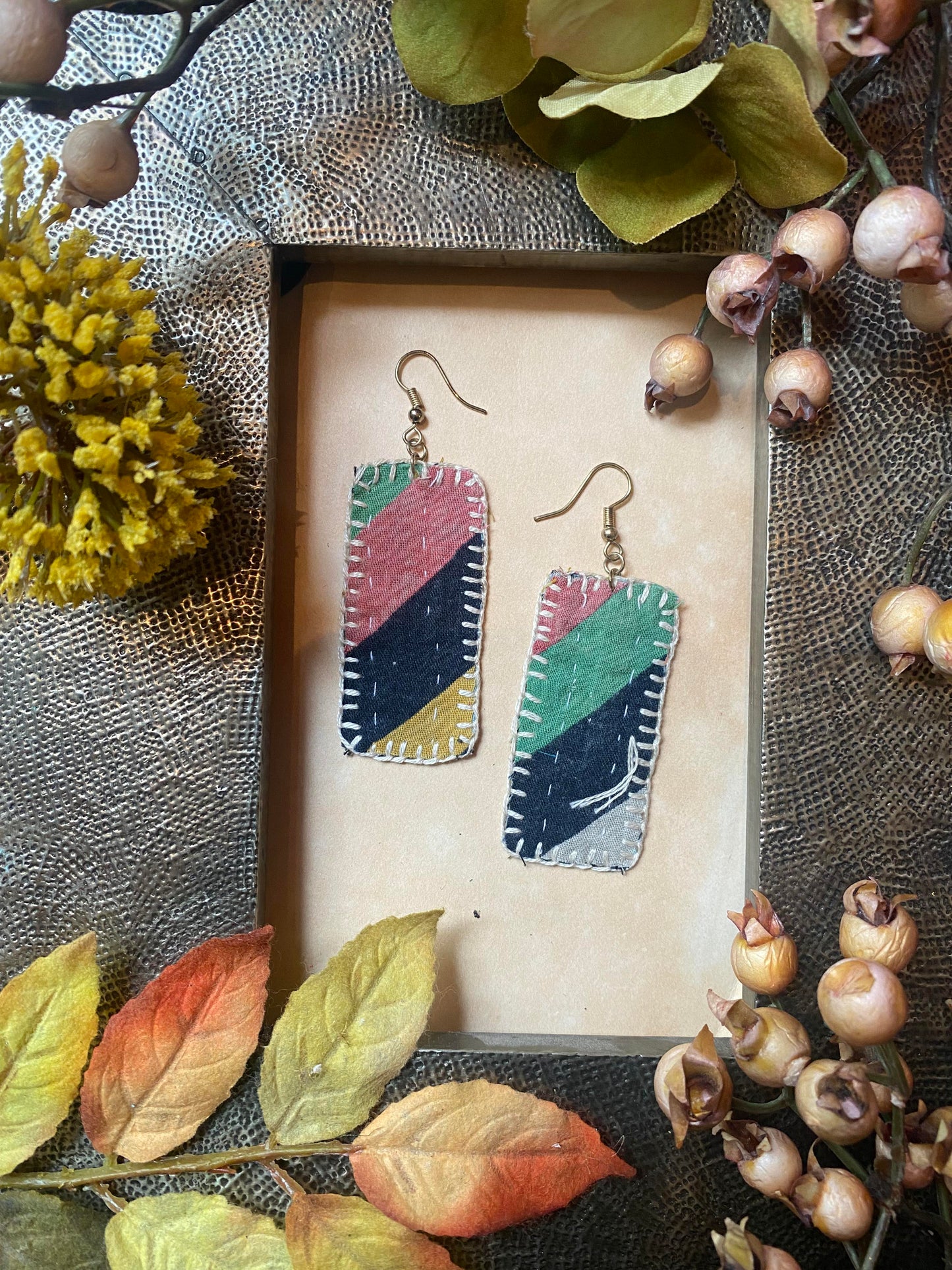 Olive Floral Reversible Kantha Patch Earrings - La De Da