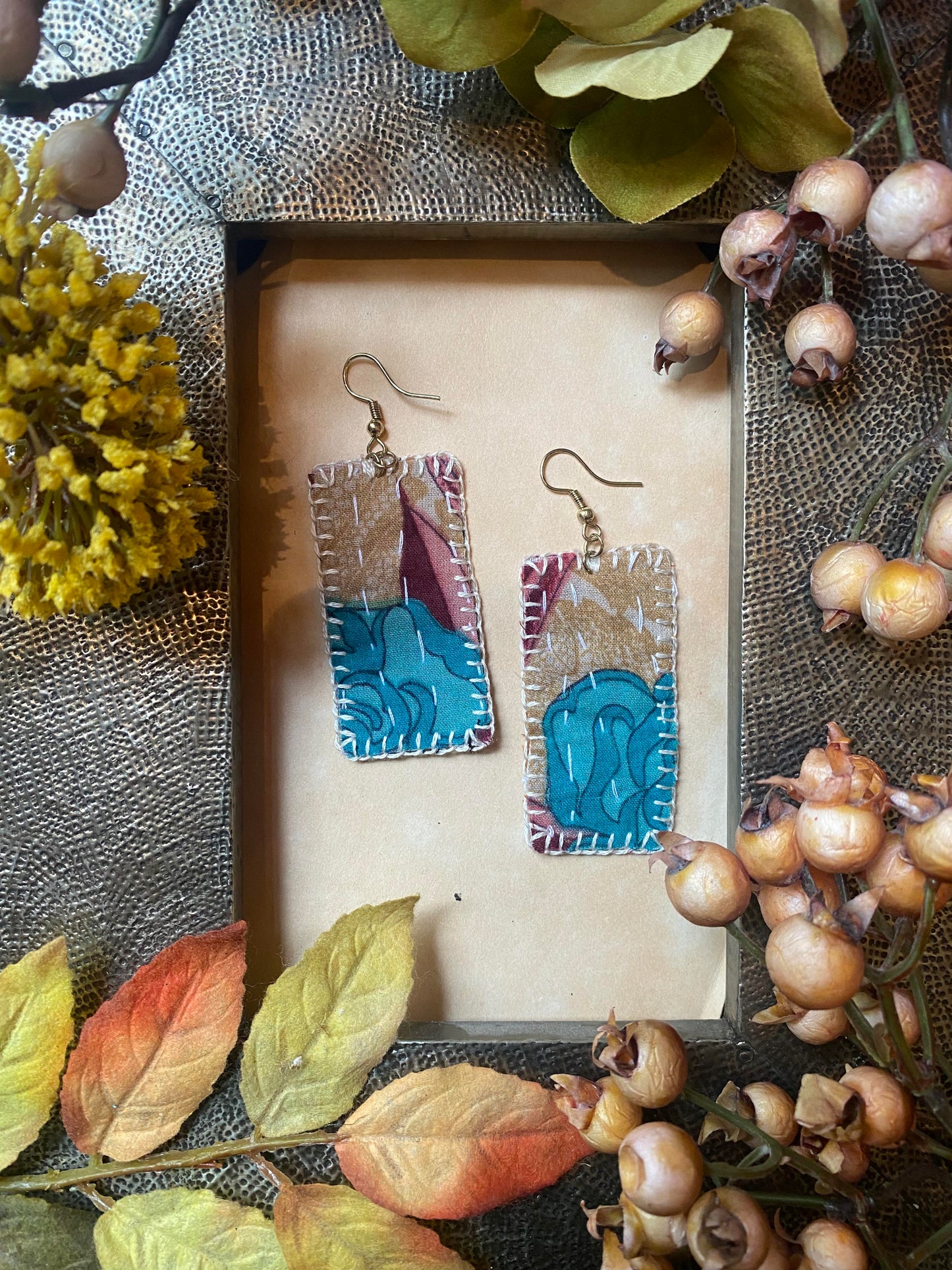 Teal Floral Reversible Kantha Patch Earrings - La De Da