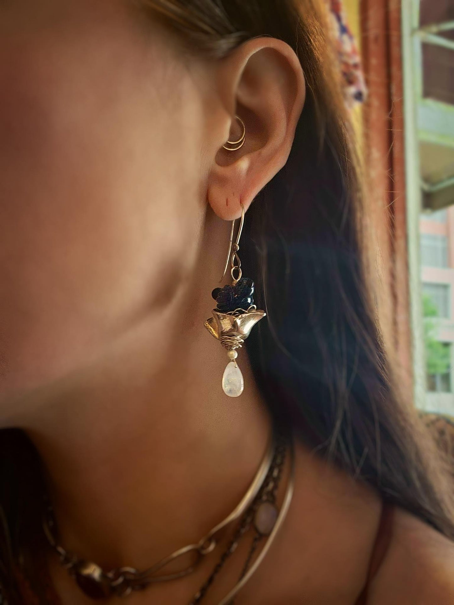 Blue Birds With Moonstone Drops Earrings* - La De Da