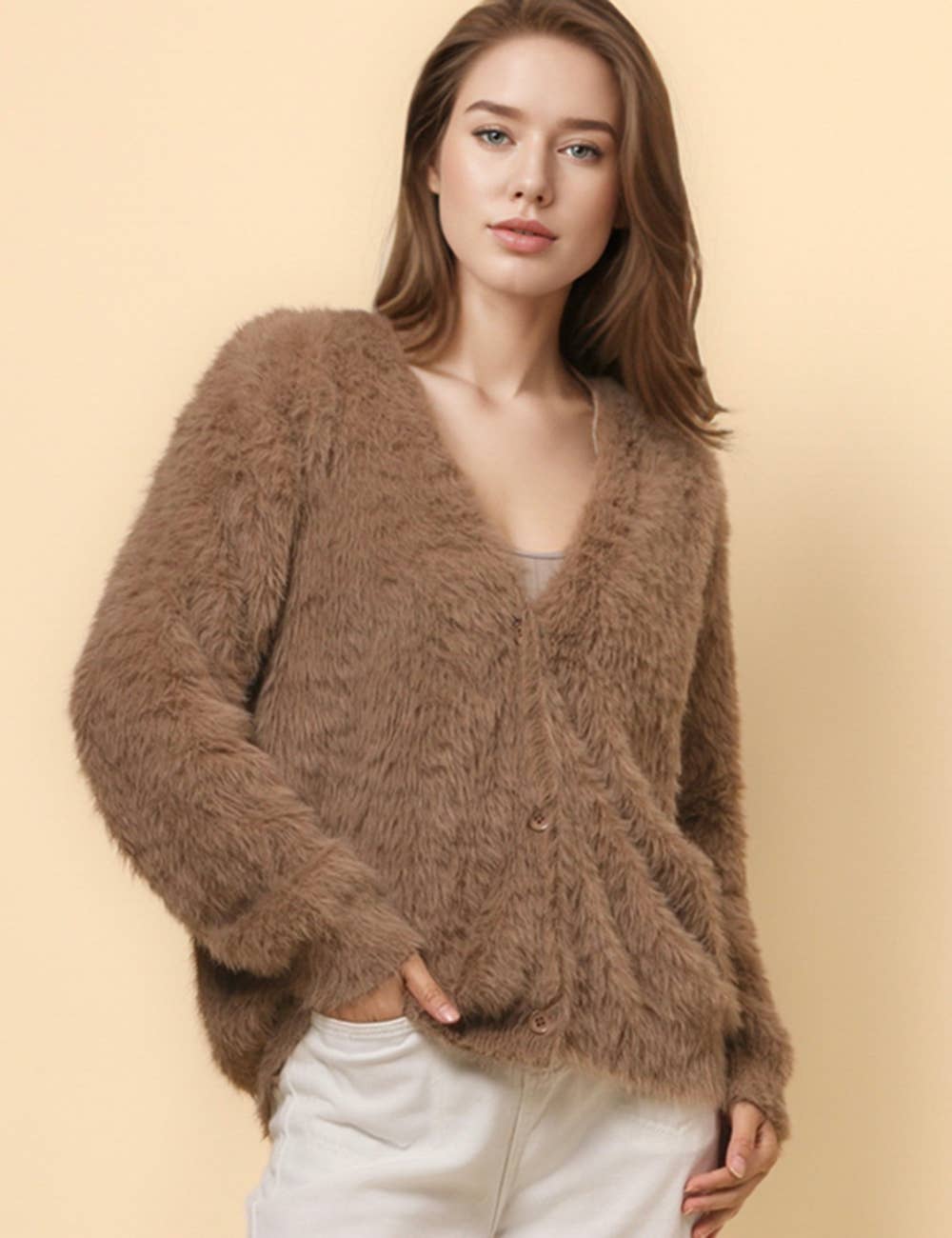 Ladies Solid Color Faux Mink V-Neck Cardigan - Khaki