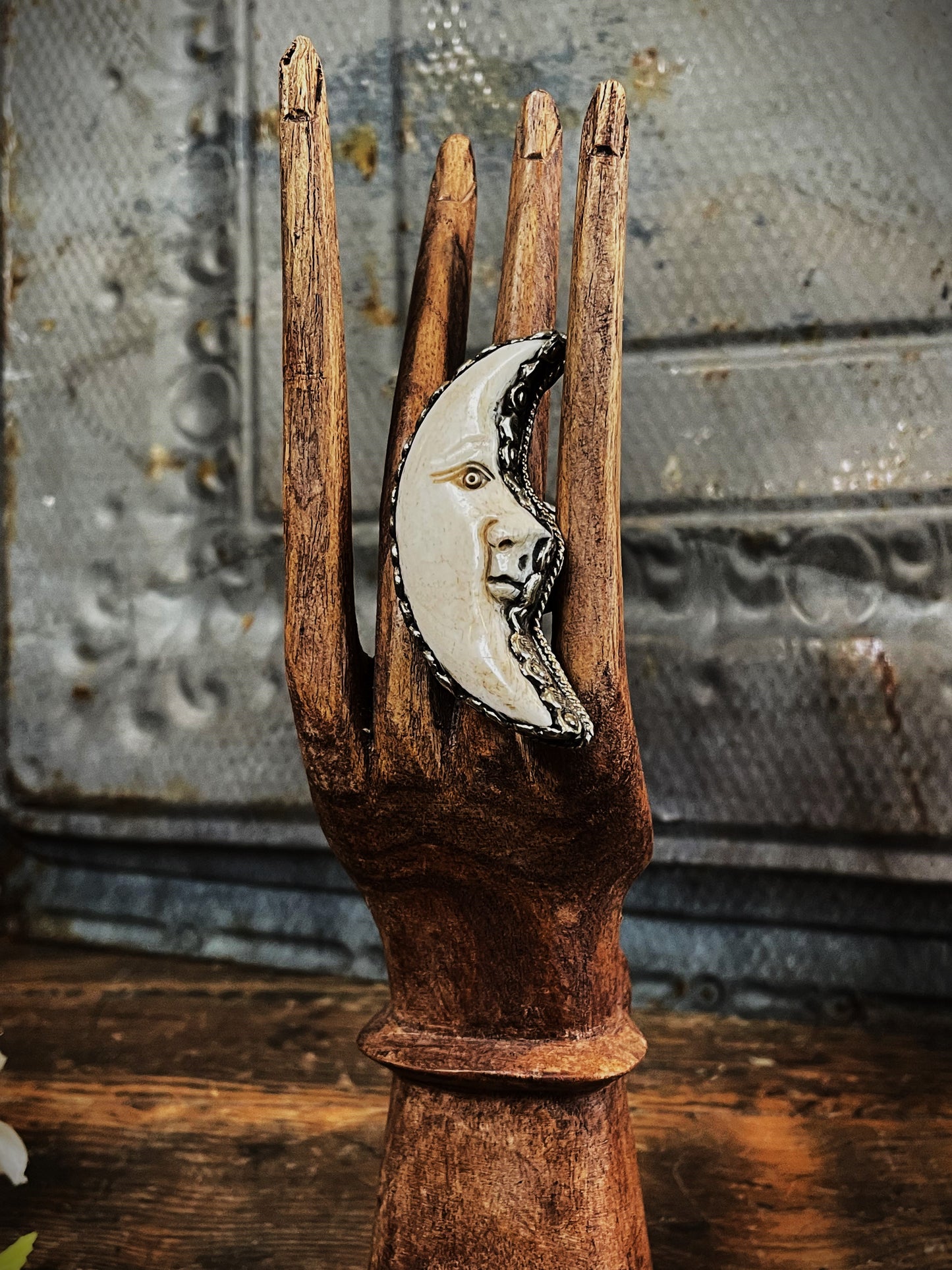 Carved Cresent Moon Adjustable Ring - La De Da