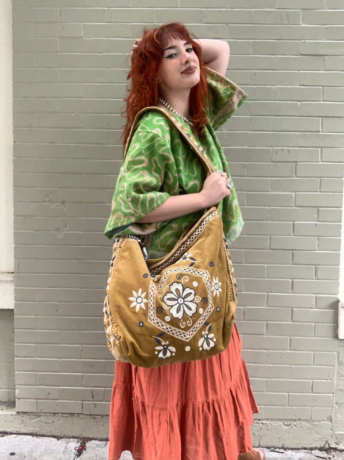 Golden Olive Vic Velvet Embroidered Hobo - La De Da