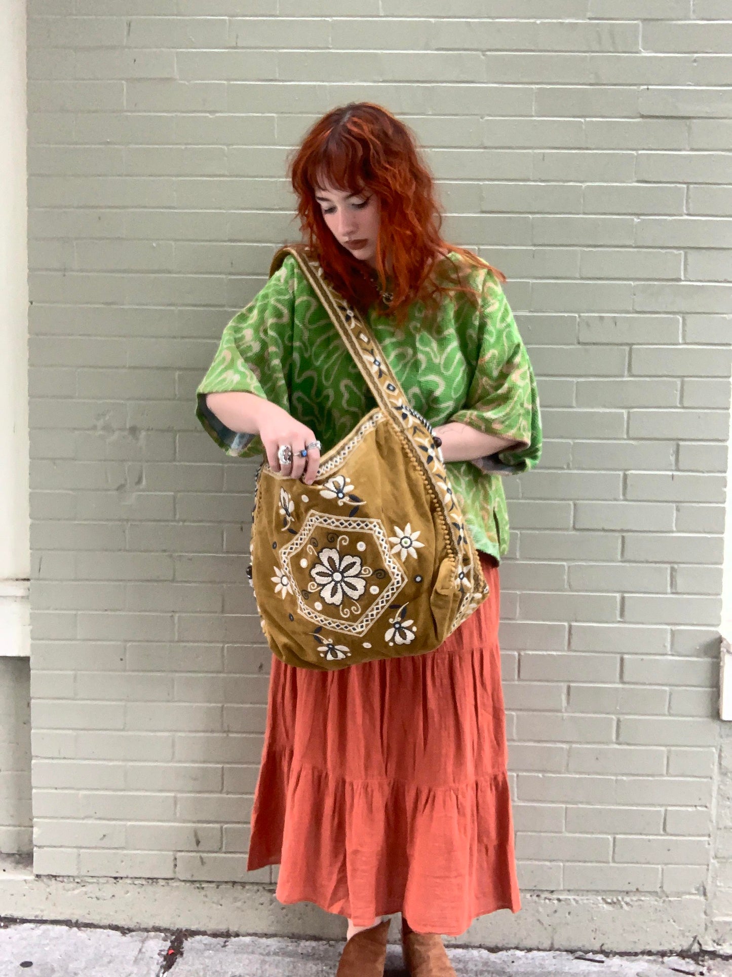 Golden Olive Vic Velvet Embroidered Hobo - La De Da