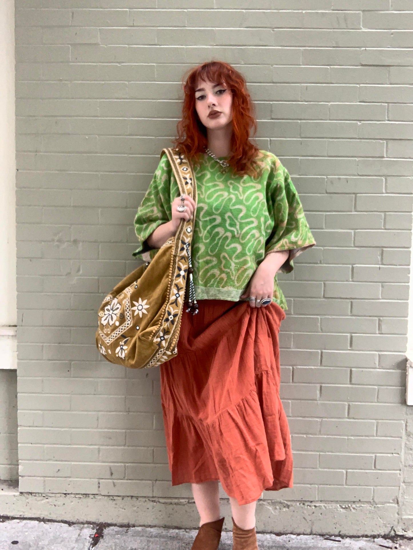 Golden Olive Vic Velvet Embroidered Hobo - La De Da