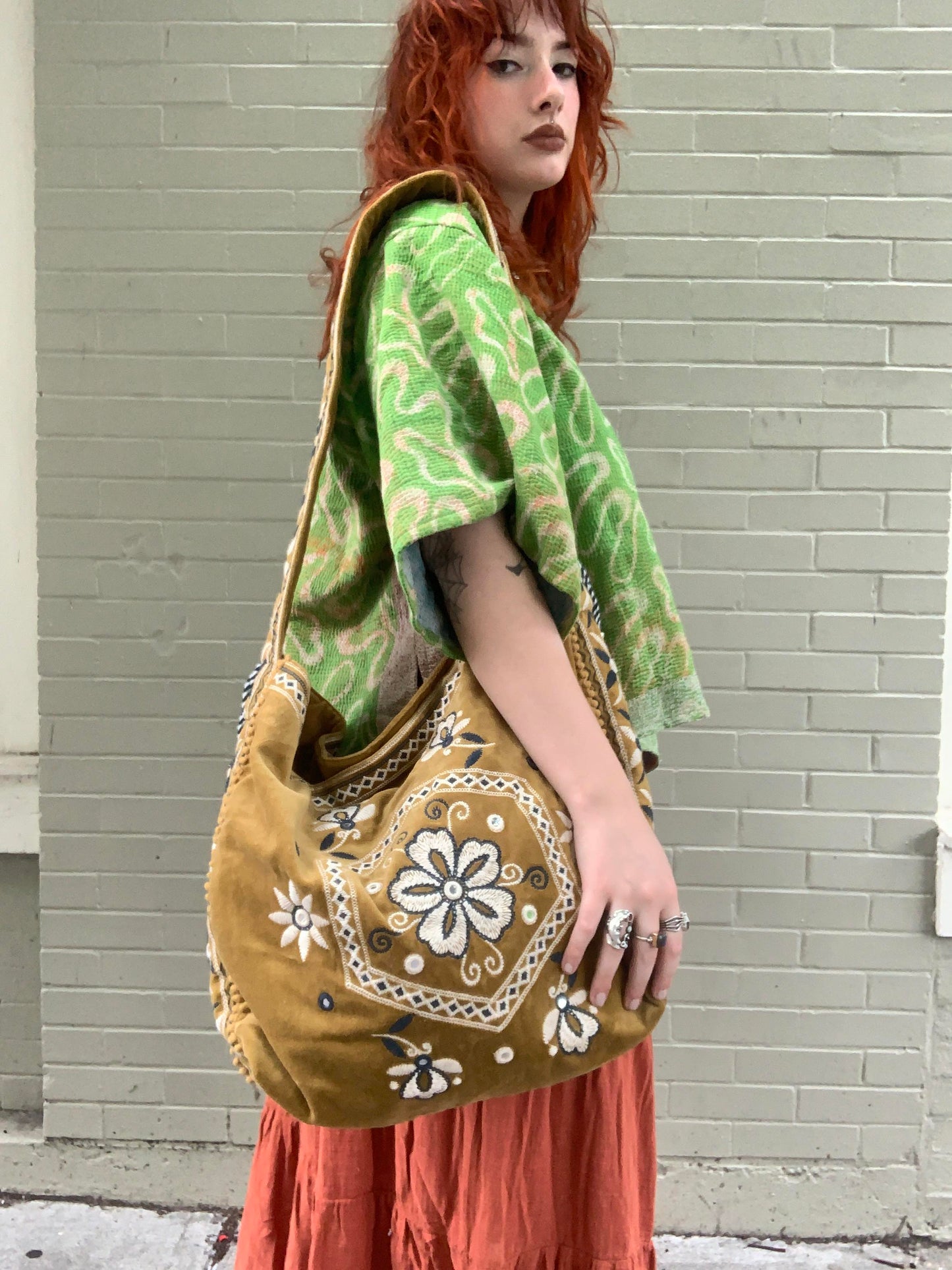 Golden Olive Vic Velvet Embroidered Hobo - La De Da