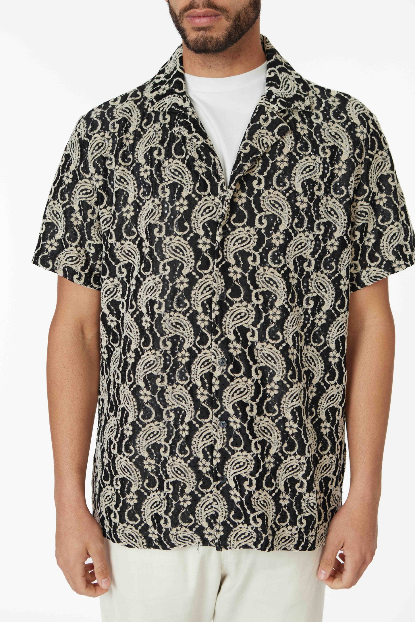 Crochet/Textured Short Sleeve Men's Shirt - Black/Beige