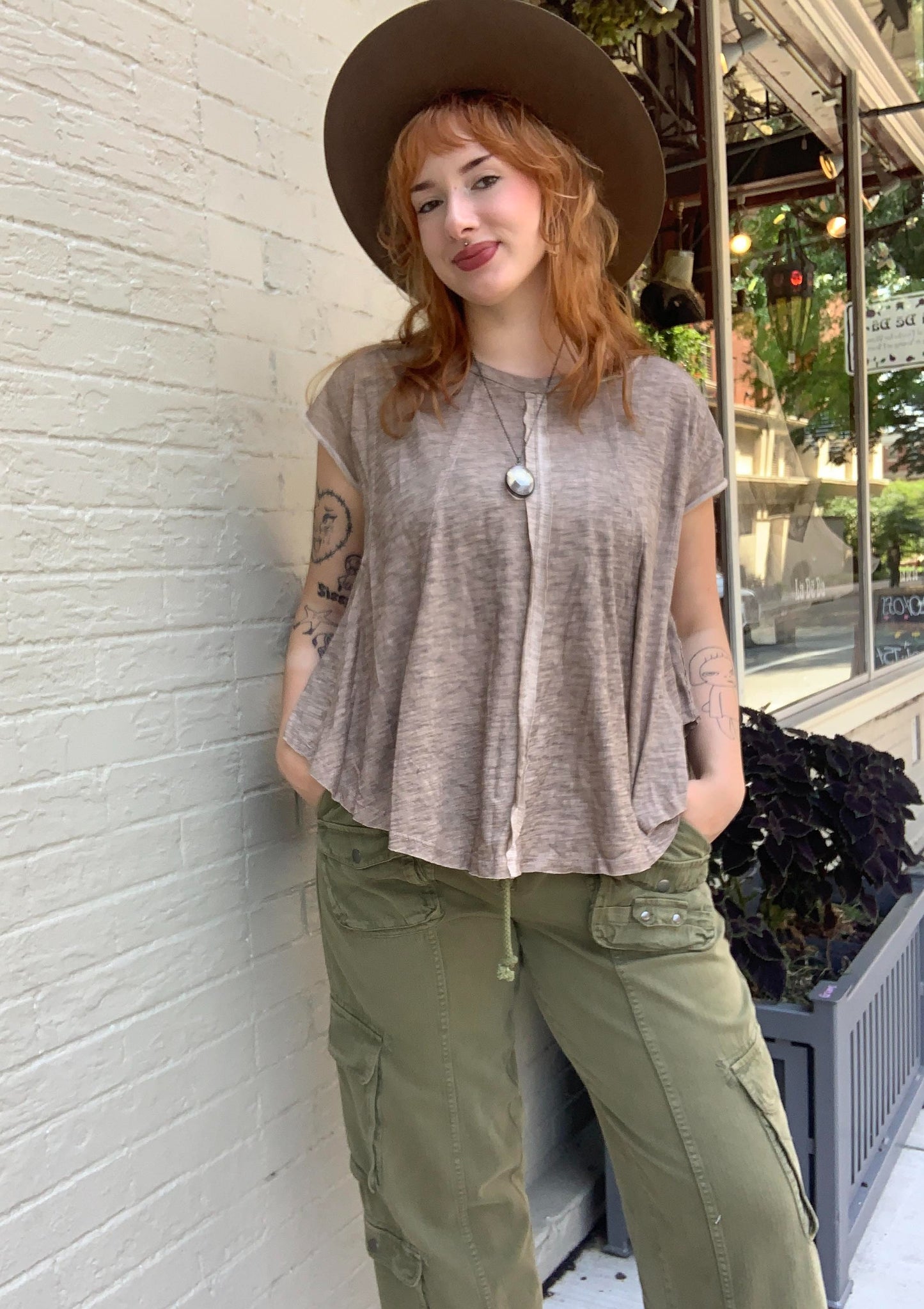 Taupe Heathered Cut Edge Top - La De Da