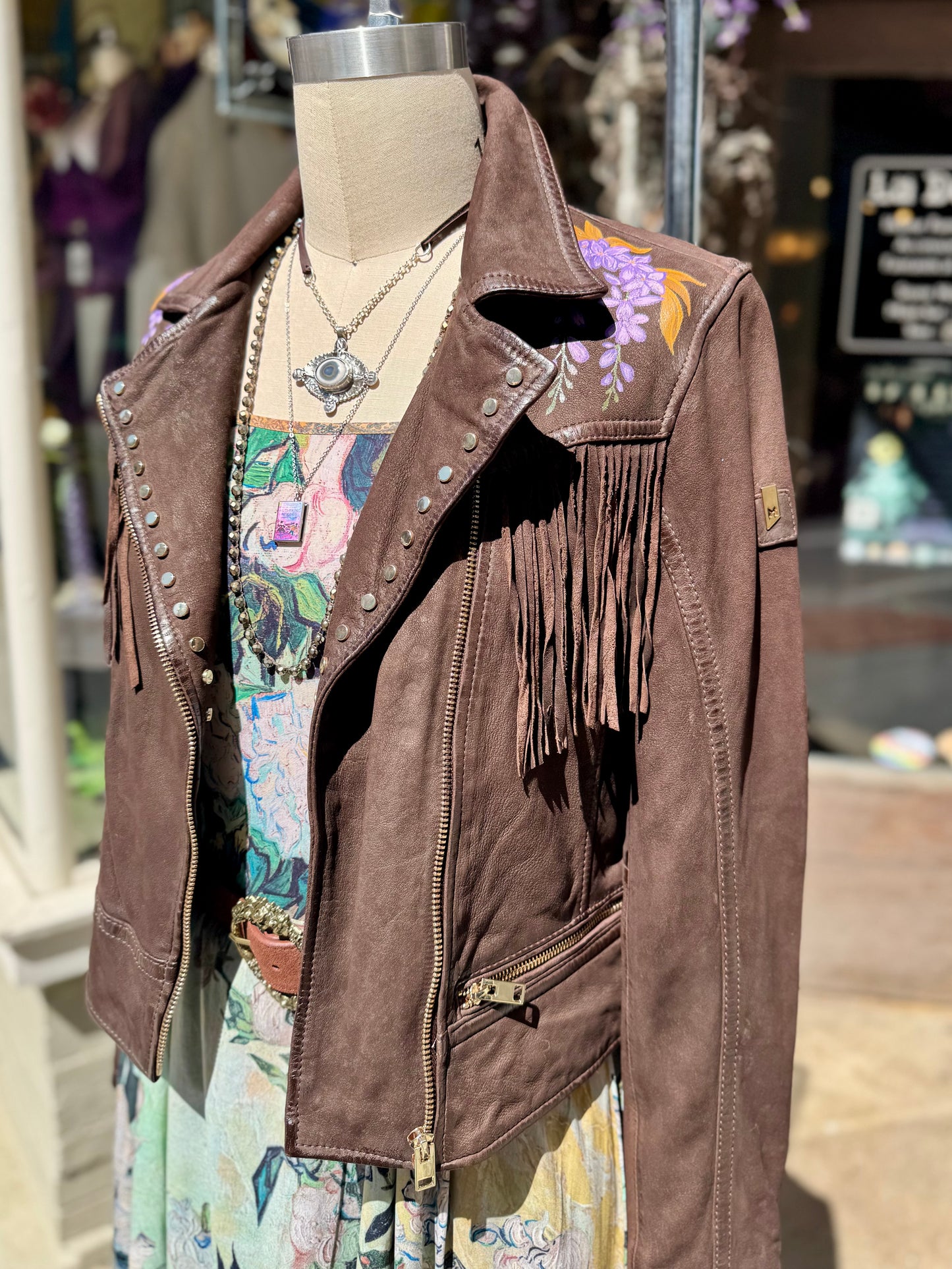 Painted Floral Skull & Snake Brown M. Leather Fringe Jacket - Hannah King*