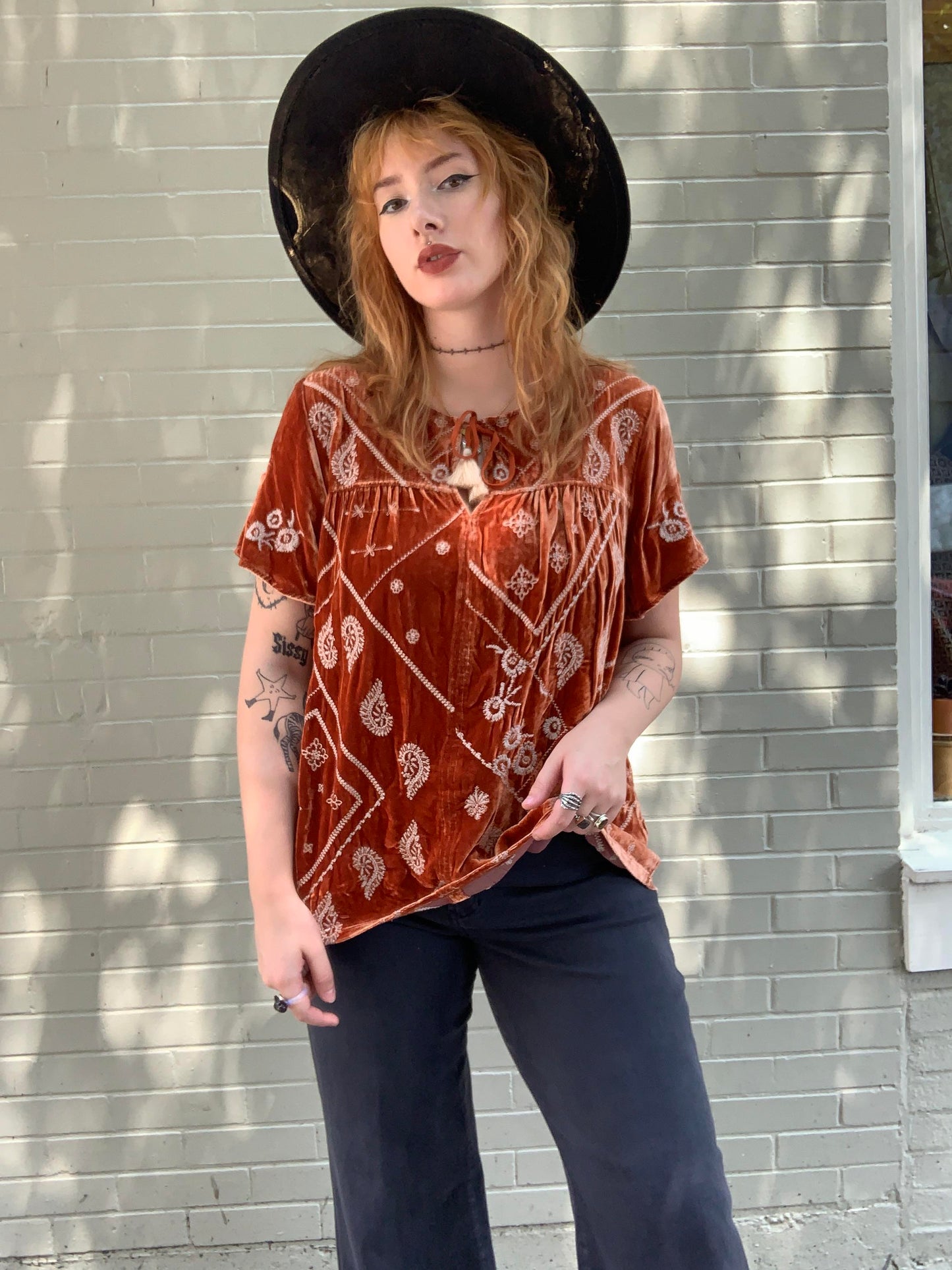 Devi Velvet Flutter Blouse - Rust - La De Da
