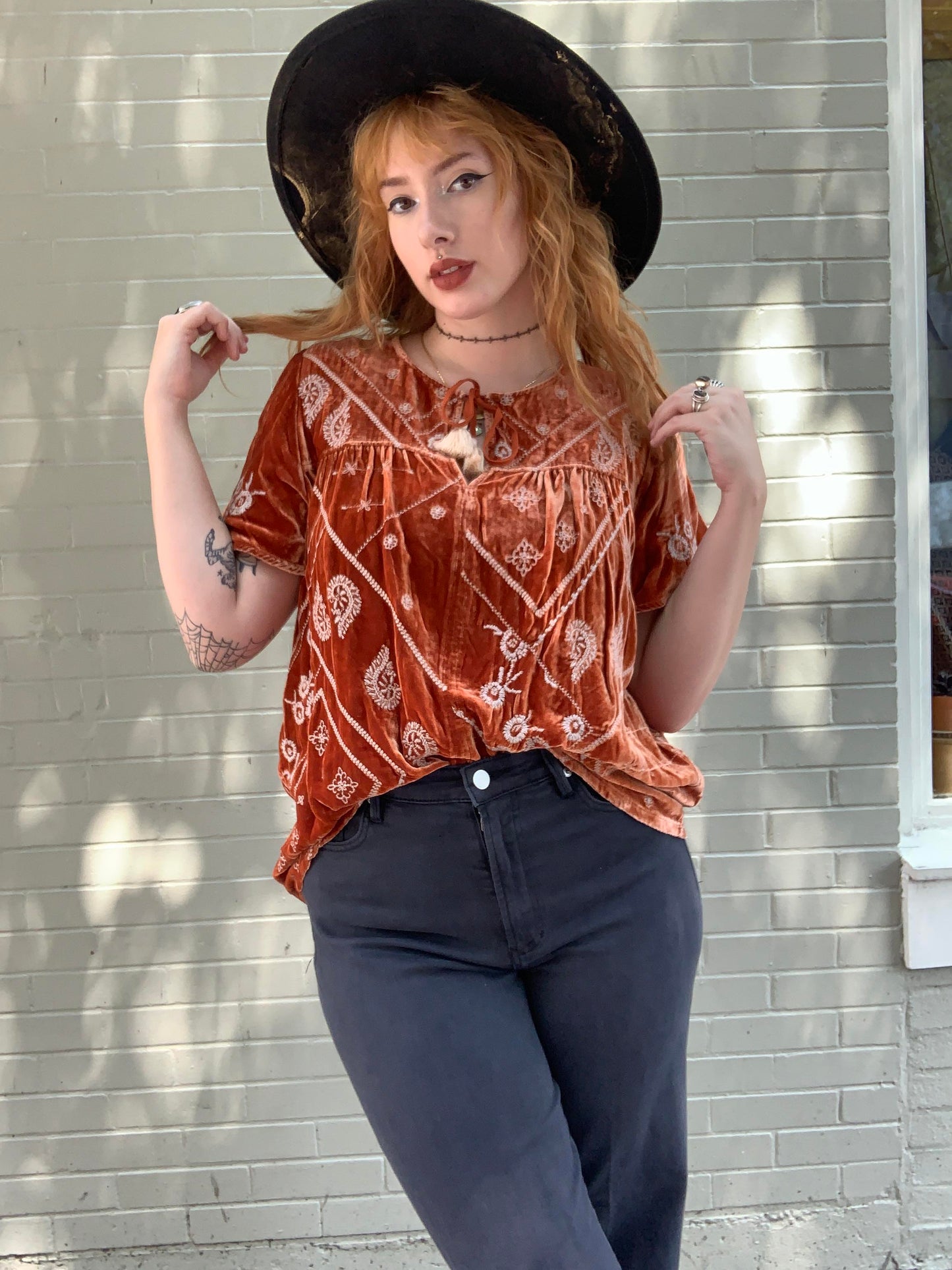 Devi Velvet Flutter Blouse - Rust - La De Da