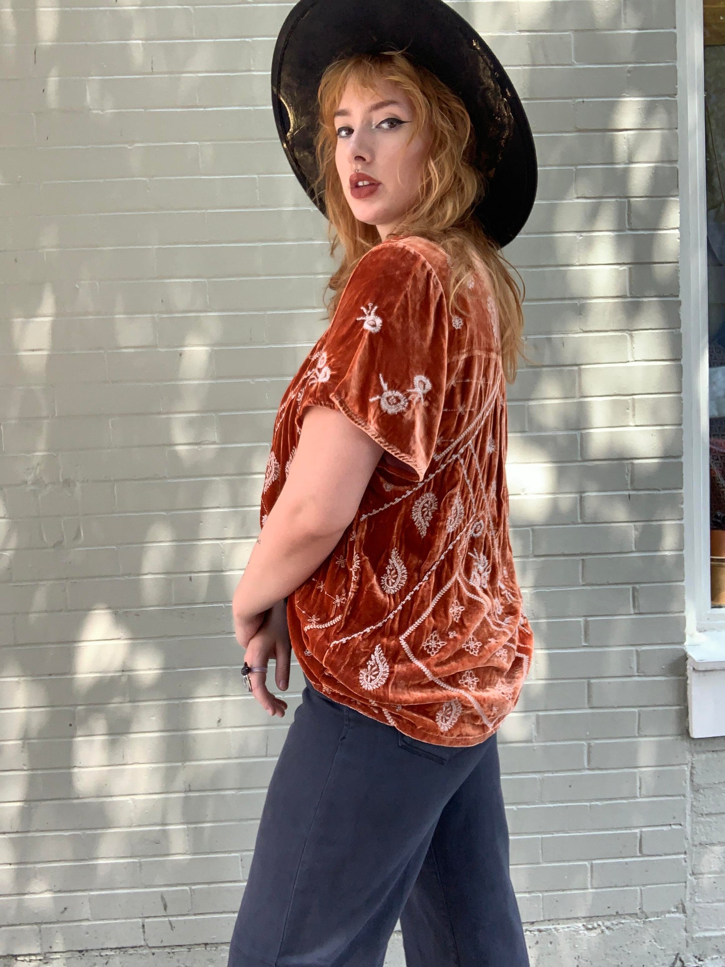Devi Velvet Flutter Blouse - Rust - La De Da