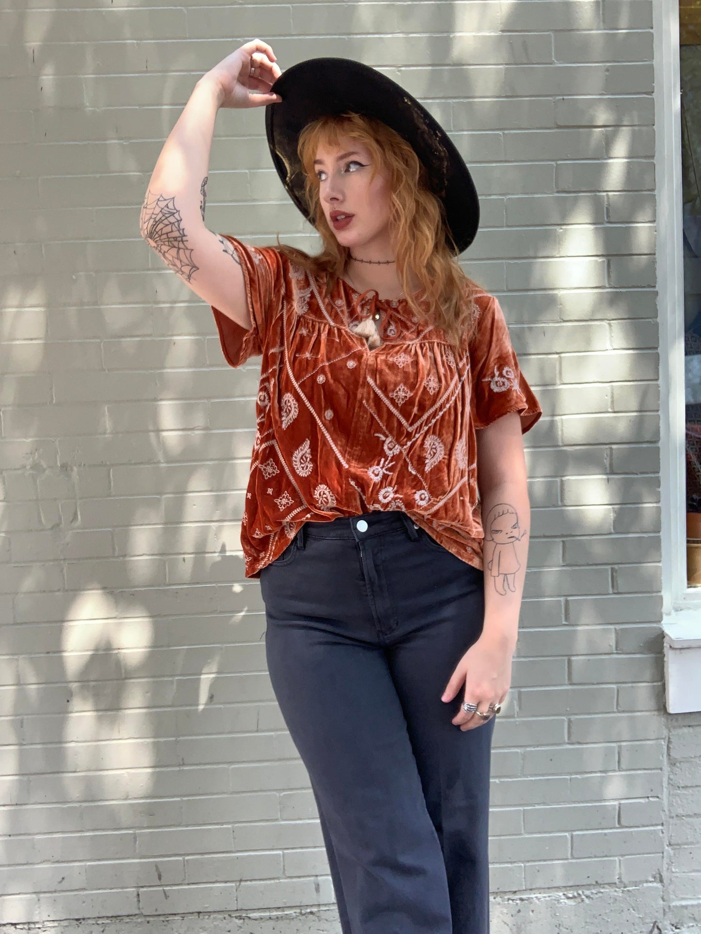 Devi Velvet Flutter Blouse - Rust - La De Da