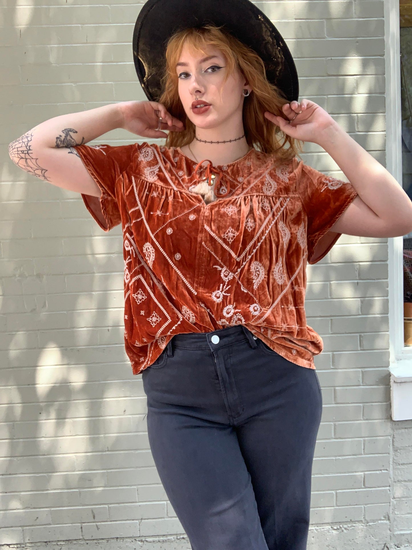 Devi Velvet Flutter Blouse - Rust - La De Da