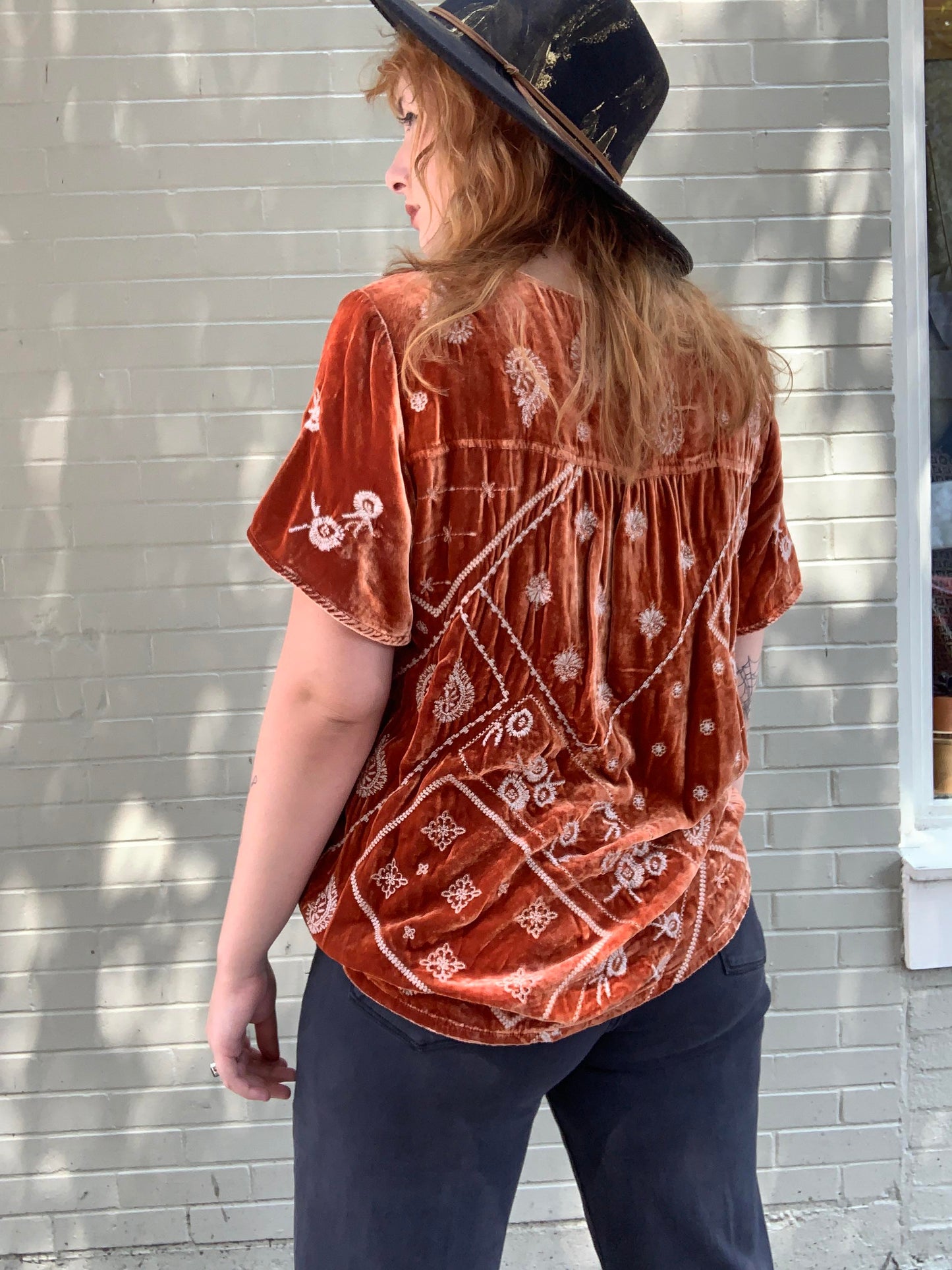 Devi Velvet Flutter Blouse - Rust - La De Da