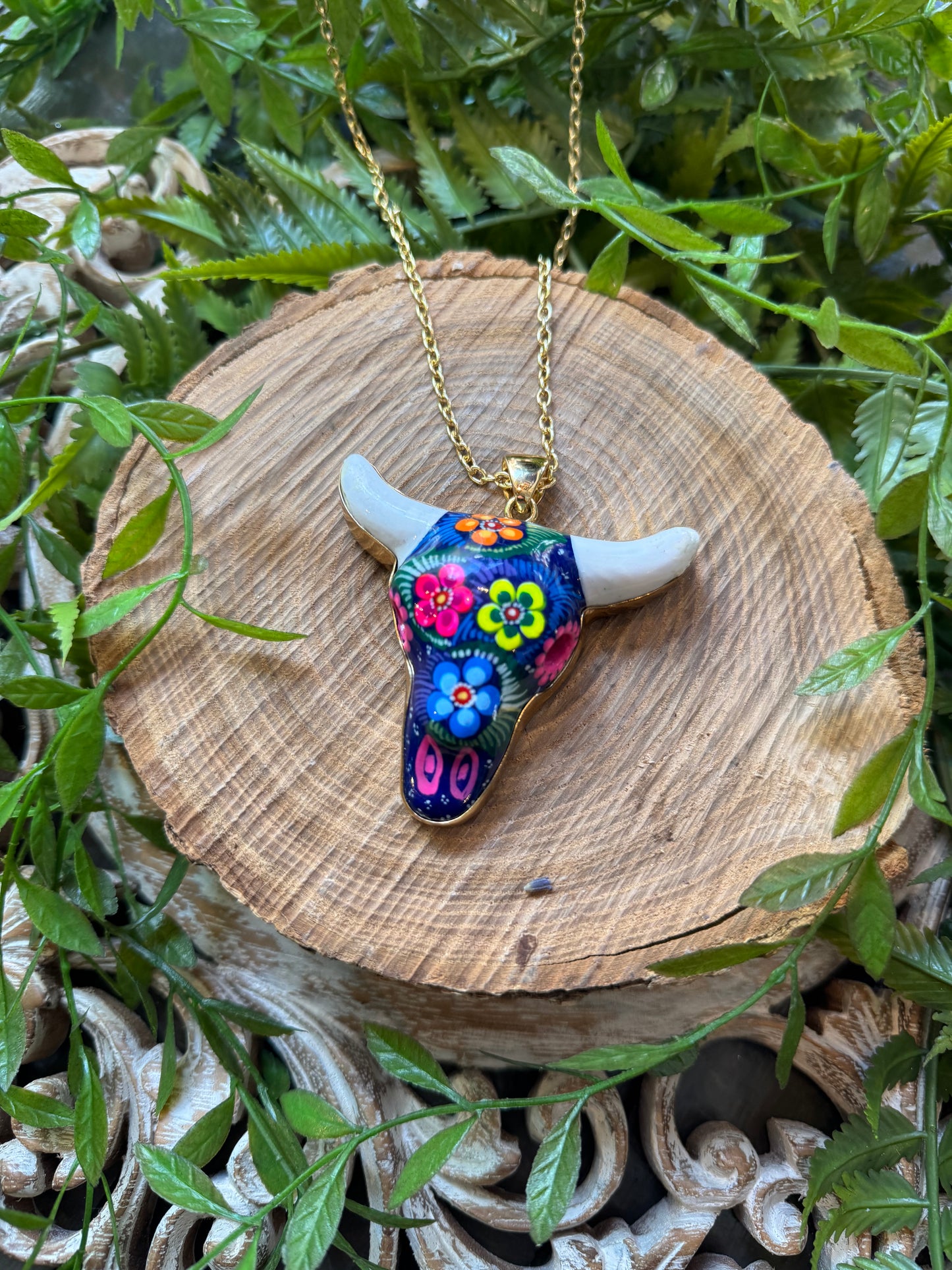 Hand Painted Ceramic Cow Skull Necklace