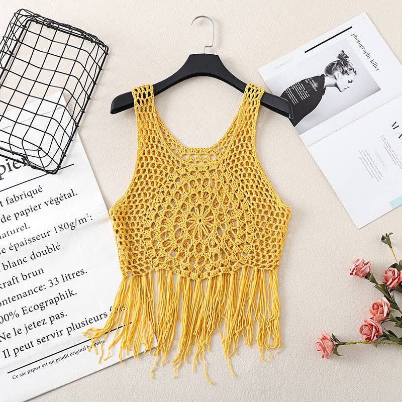 Vintage Bohemian Crochet Fringe Tank Top Yellow La De Da