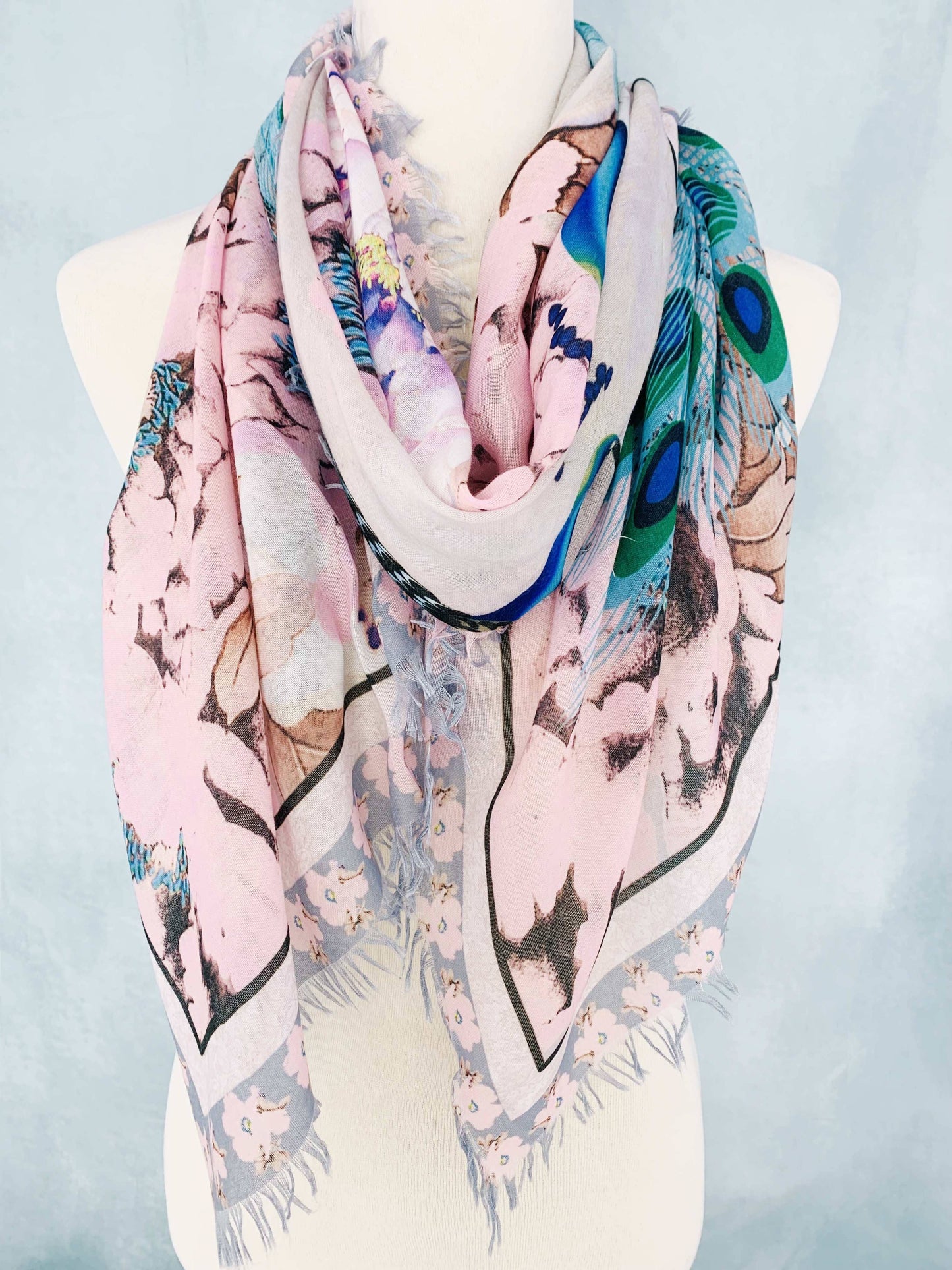 Pink-Teal Peacock & Peoney Frayed-Edge Scarf/Shawl