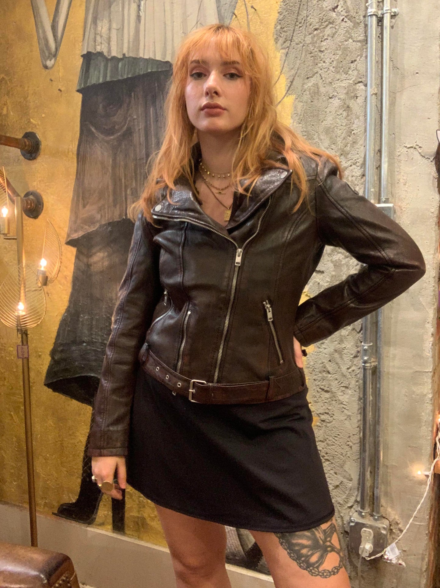 Mahogany Belted Leather Moto Jacket - La De Da