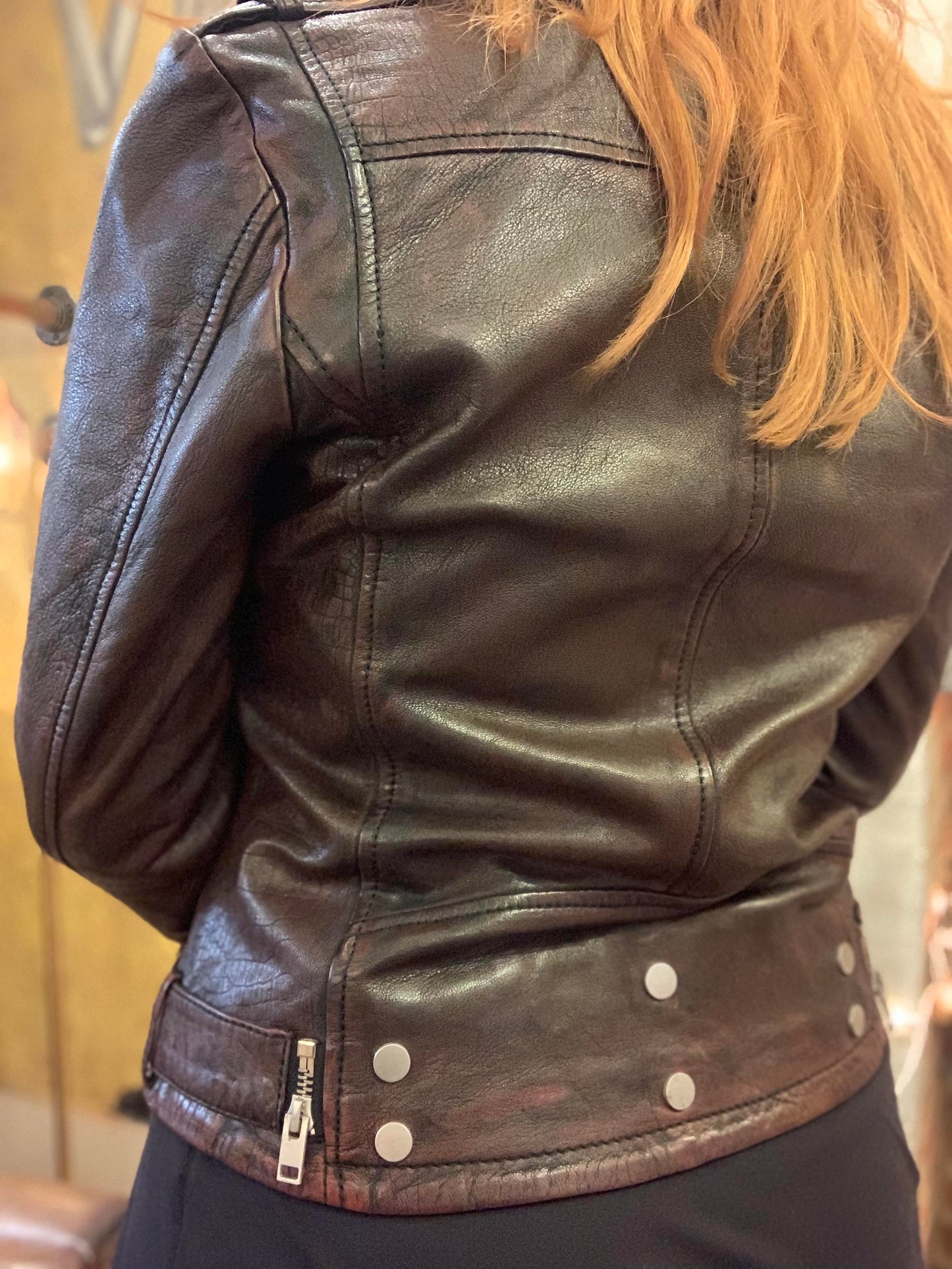 Mahogany Belted Leather Moto Jacket - La De Da