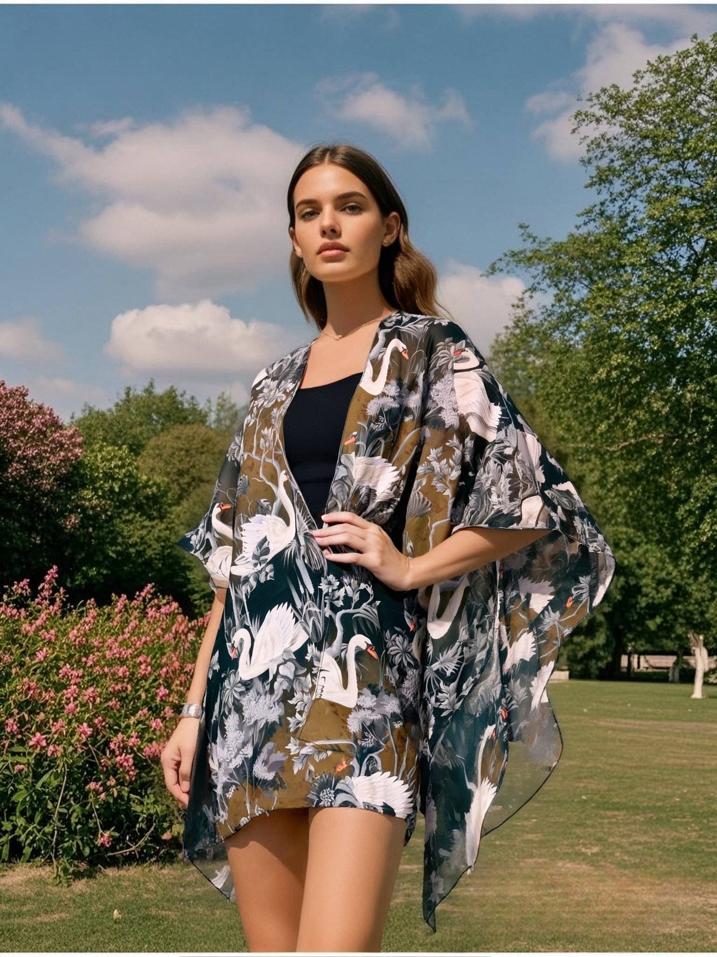 Black-White Swan & Floral Kimono/Cover-Up