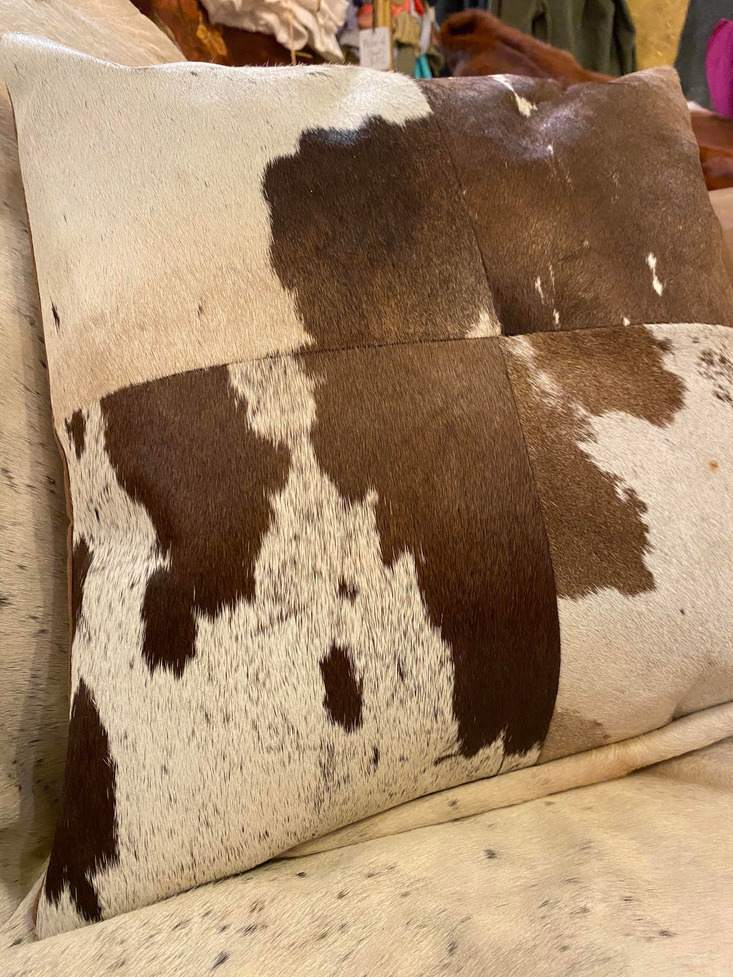 Square Cowhide Pillow - Brown and White - La De Da