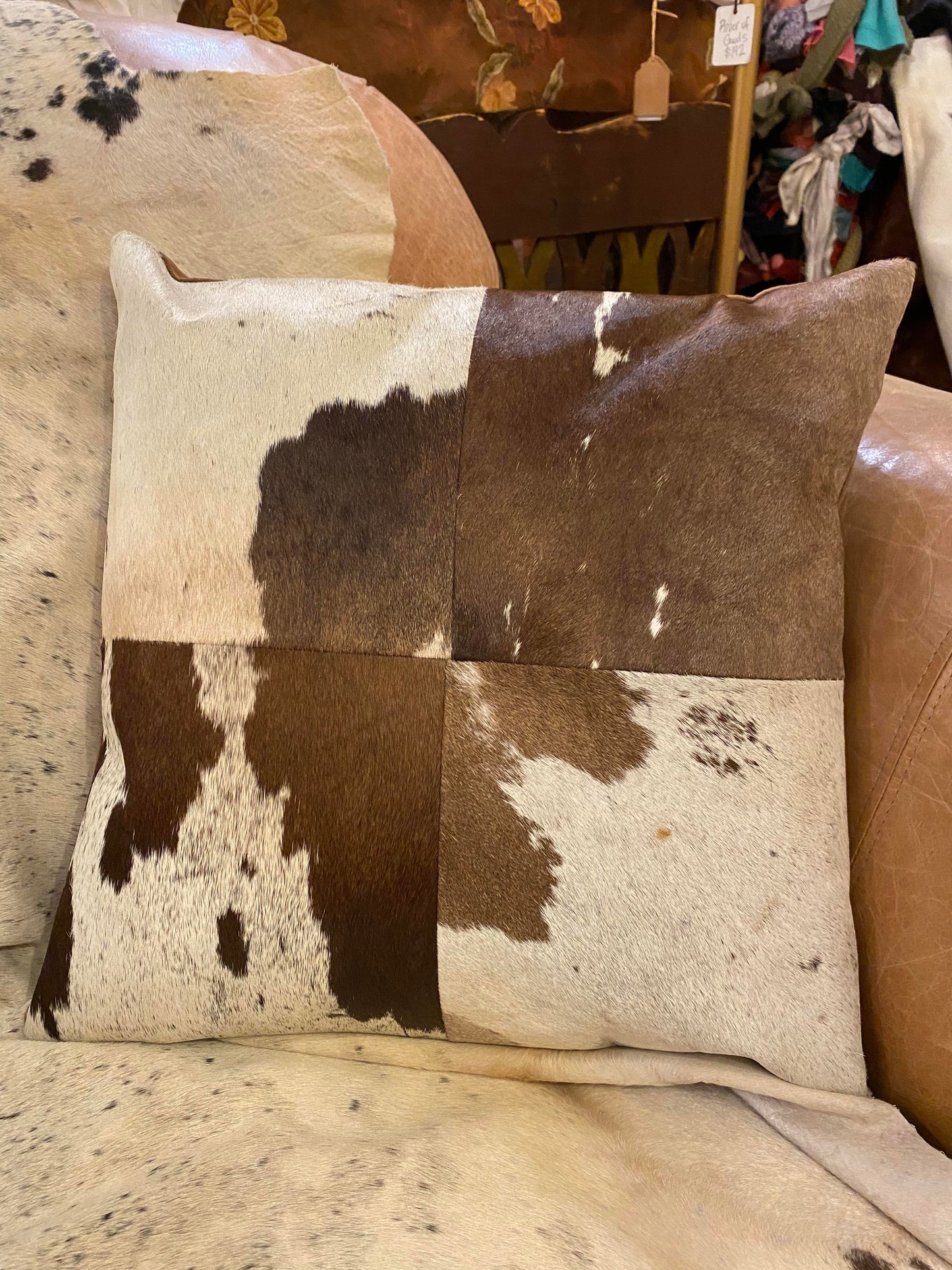 Square Cowhide Pillow - Brown and White - La De Da