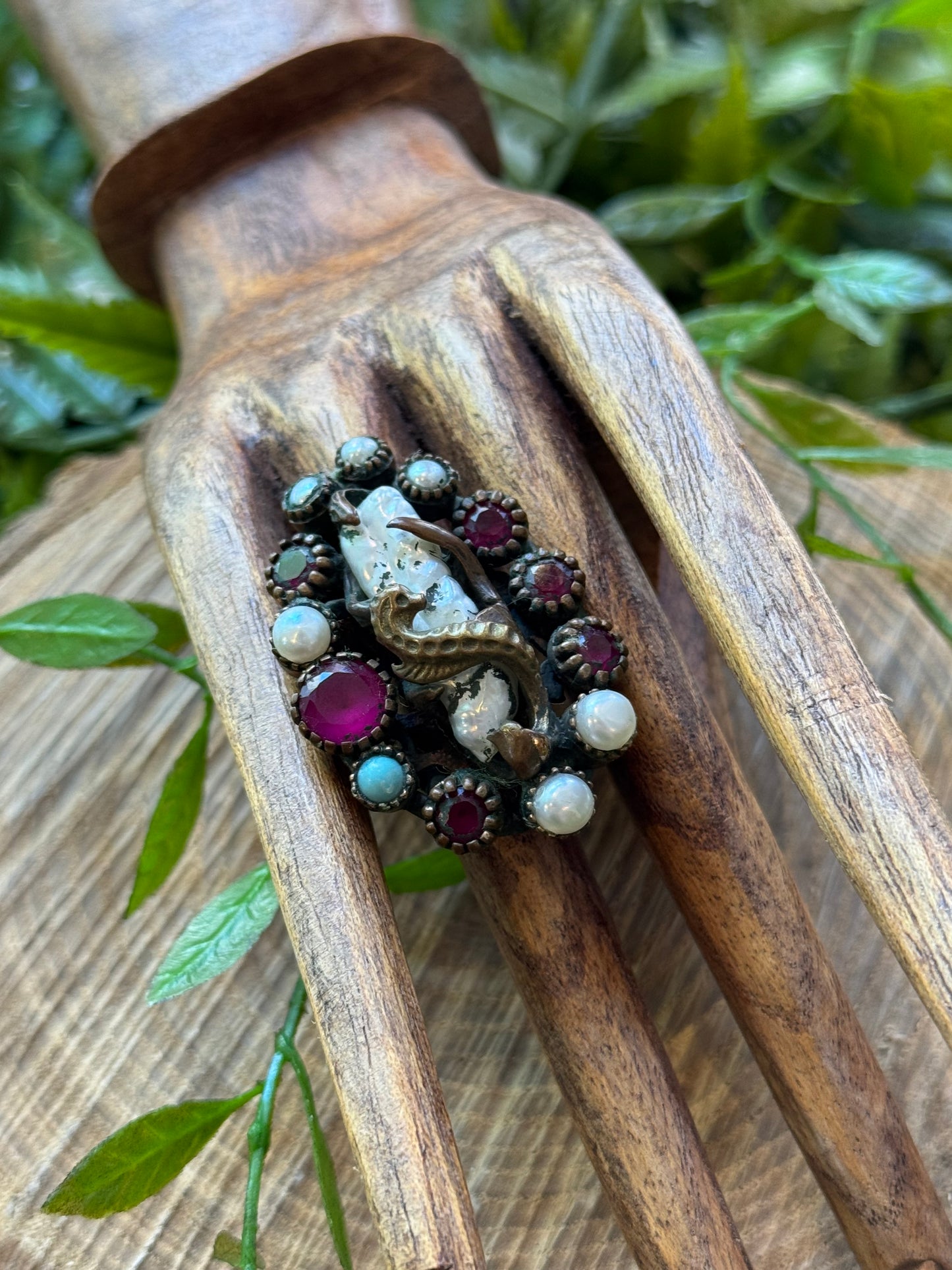 Pearl, Ruby & Turquoise Seahorse Ring