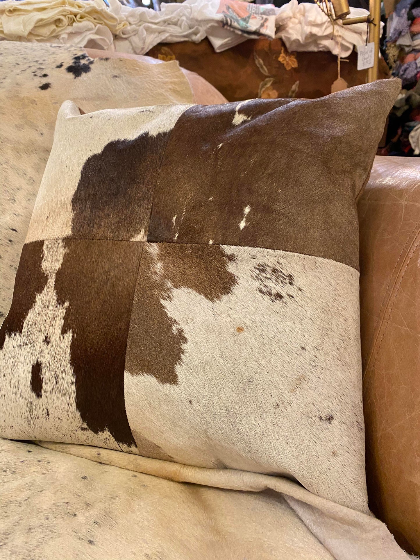 Square Cowhide Pillow - Brown and White - La De Da