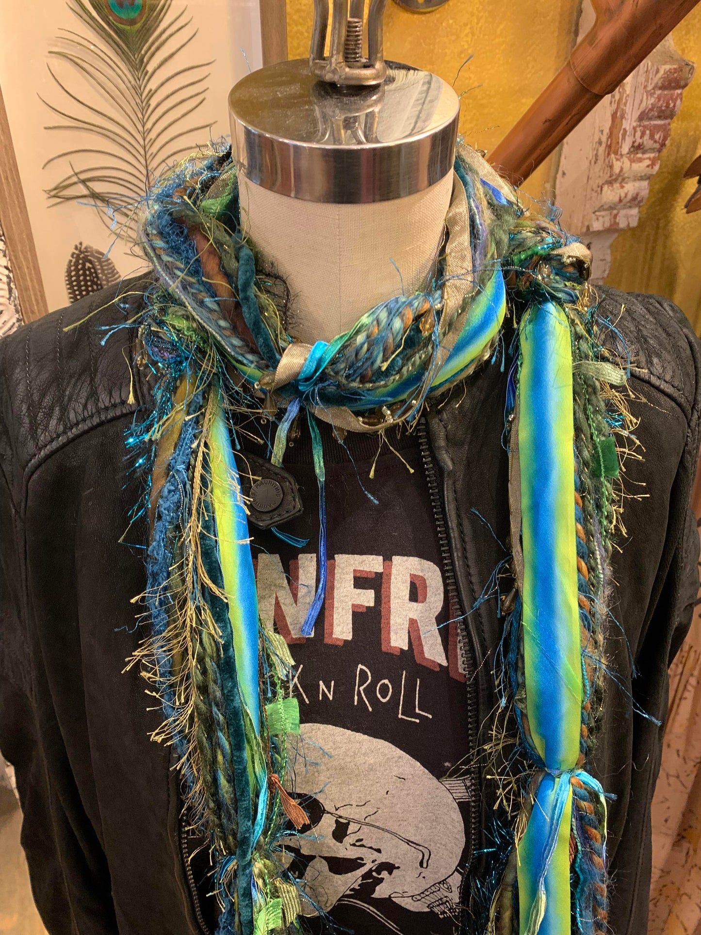 Ariel - Scarf in Turquoise, olive with hand dyed ribbon - La De Da