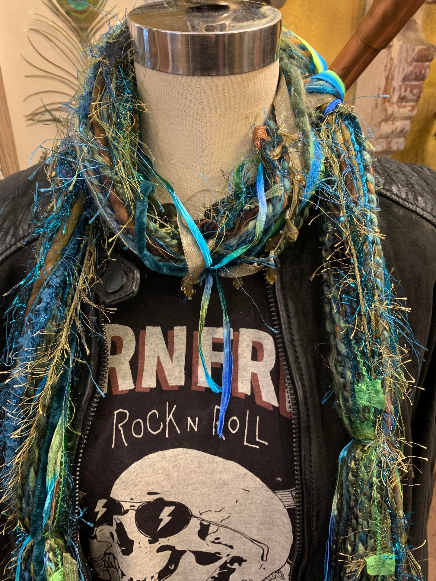 Ariel - Scarf in Turquoise, olive with hand dyed ribbon - La De Da