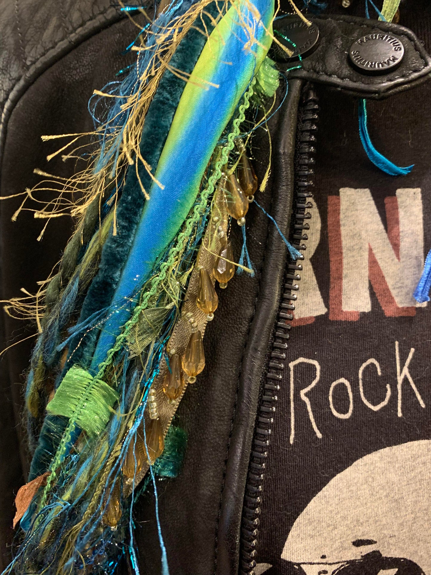 Ariel - Scarf in Turquoise, olive with hand dyed ribbon - La De Da
