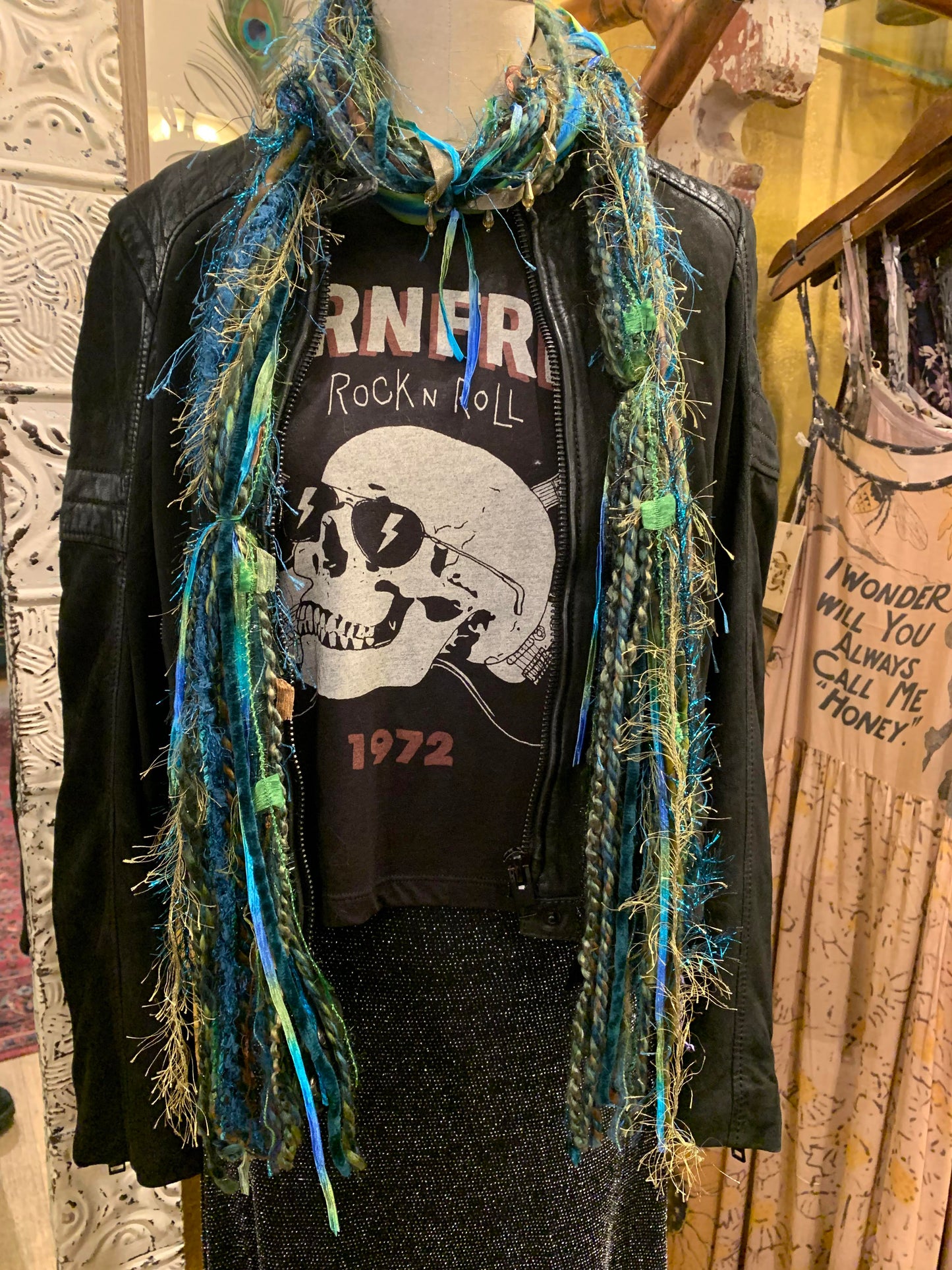 Ariel - Scarf in Turquoise, olive with hand dyed ribbon - La De Da
