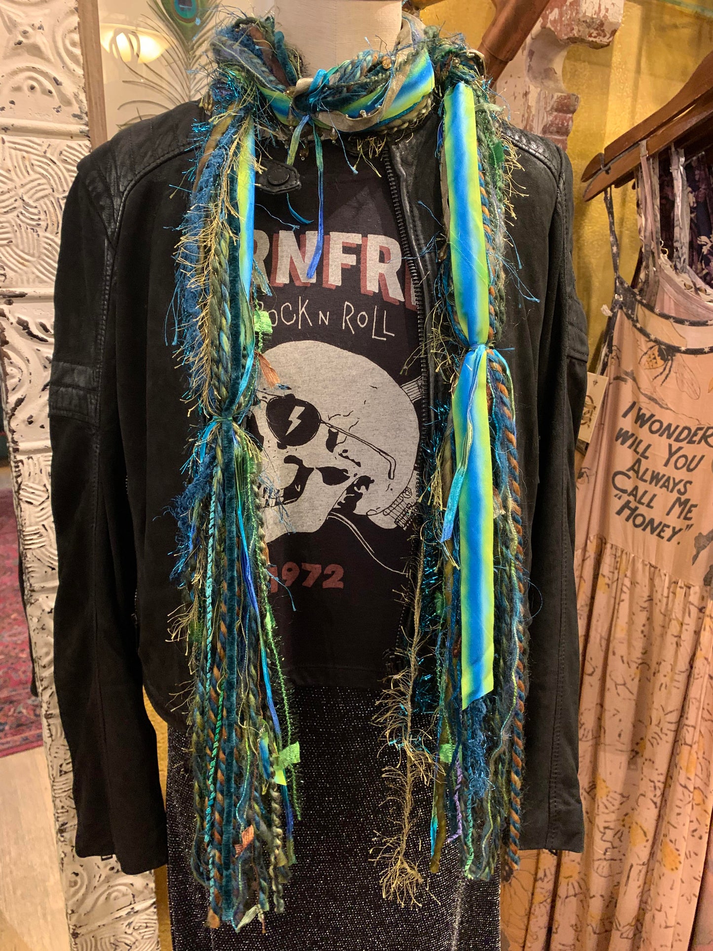 Ariel - Scarf in Turquoise, olive with hand dyed ribbon - La De Da