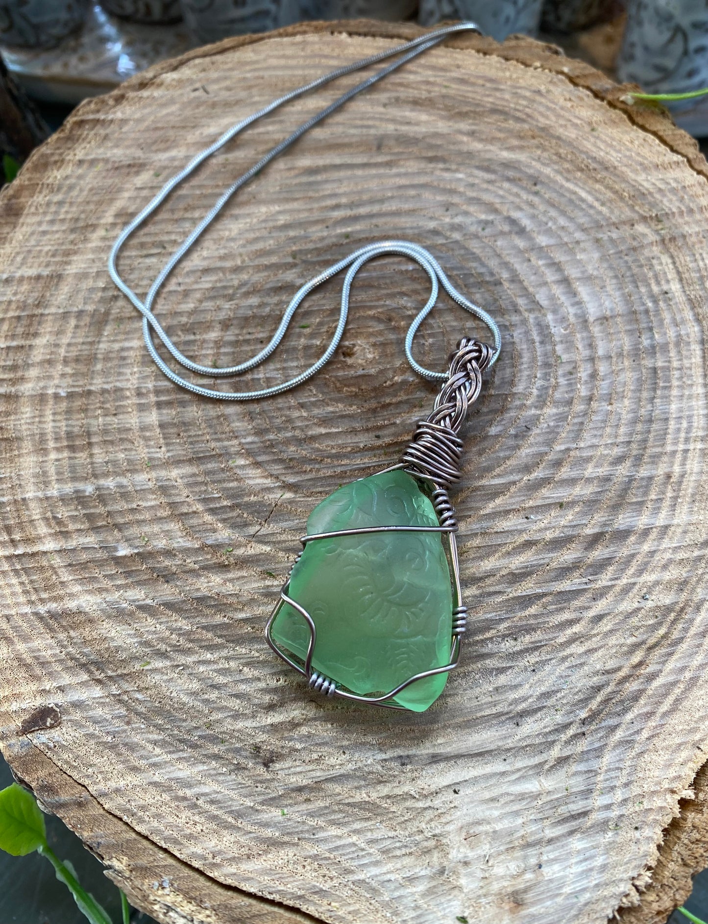Silver Wrapped Uranium Glass Necklace #IV114