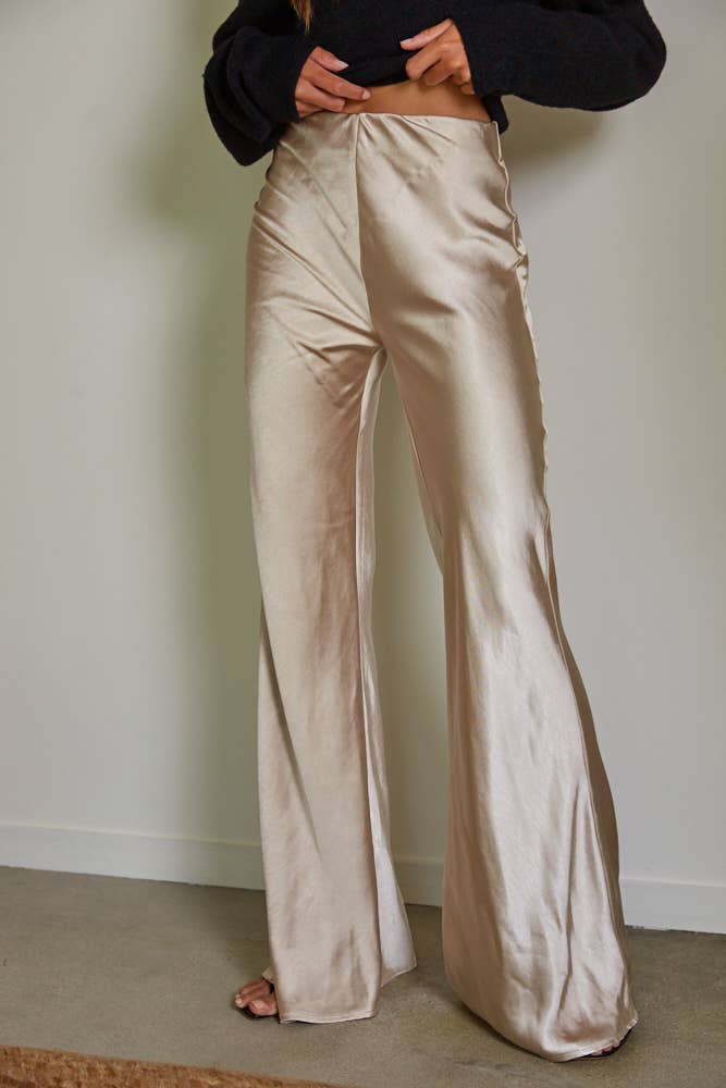 Woven Satin High Rise Pants - Champagne