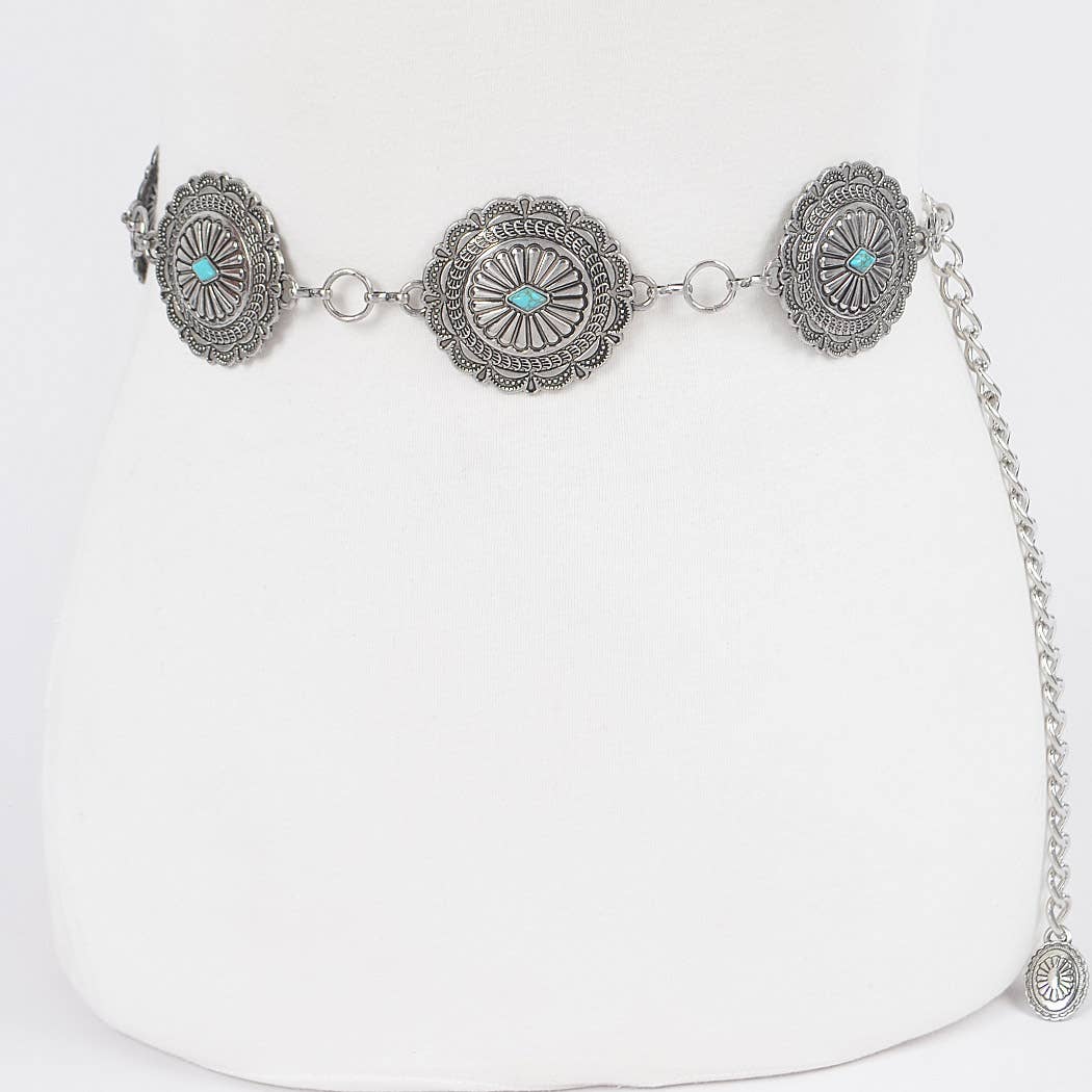 Western Style Metal Chain Belt - Turquoise Embellished Shield