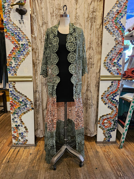 Patchwork Mixed Media Green and Rose Gold Lace Duster