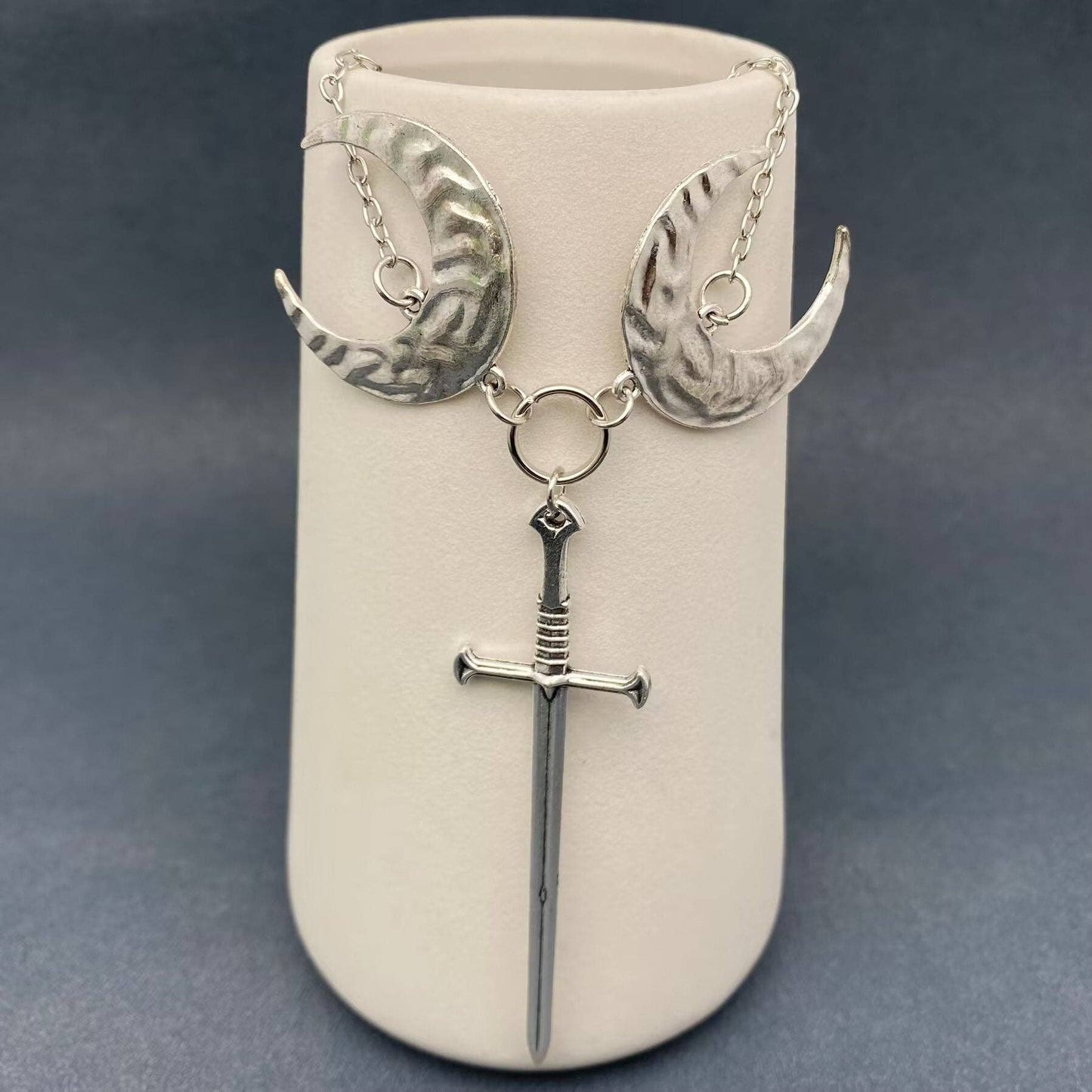 Double Moon Silver Tone Longsword Charm Necklace