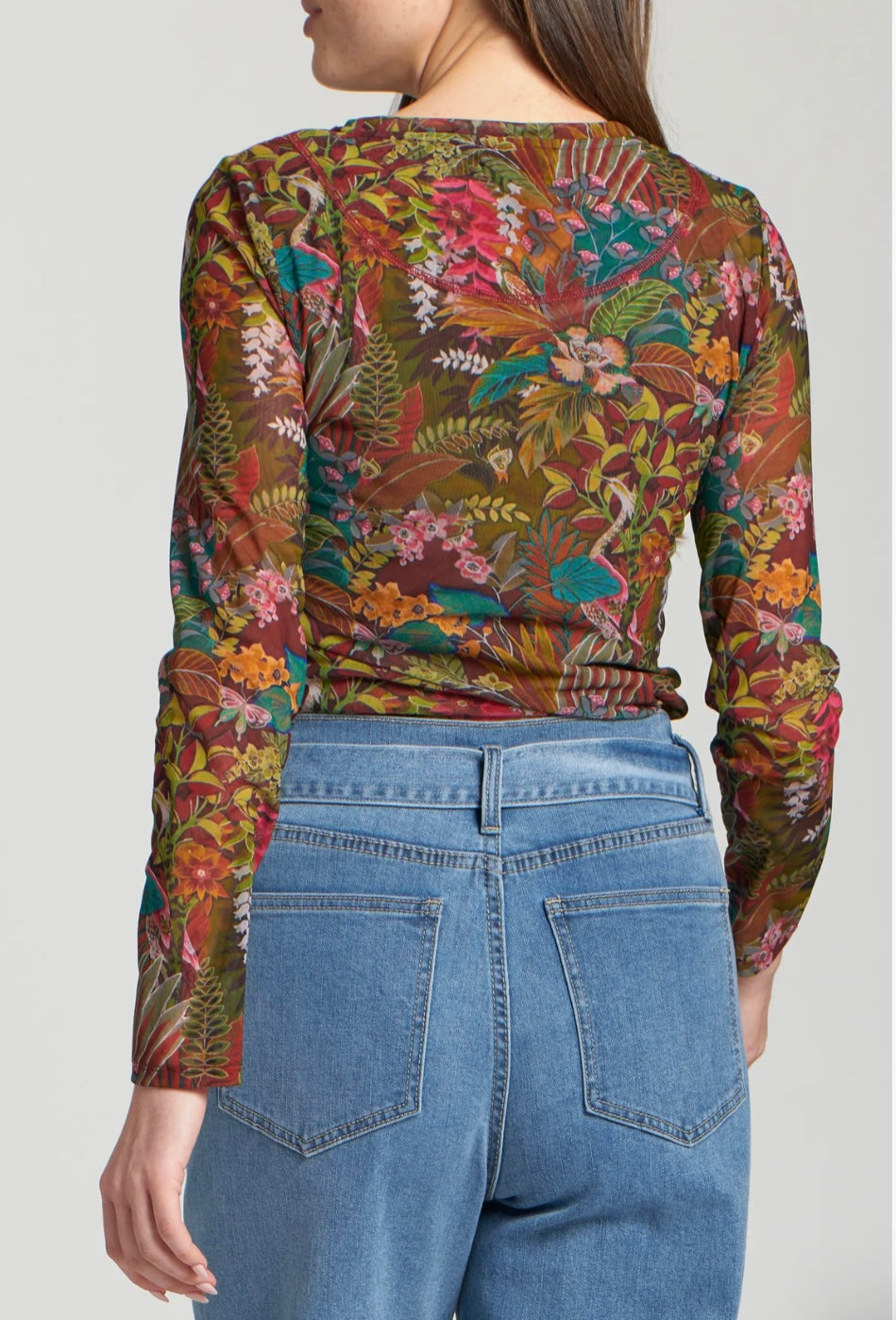 Long Sleeve Mesh Top - Olive Multi