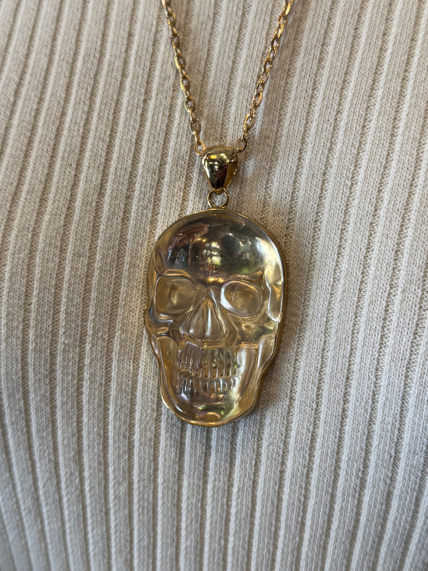 Clear Quartz Golden Skull Necklace