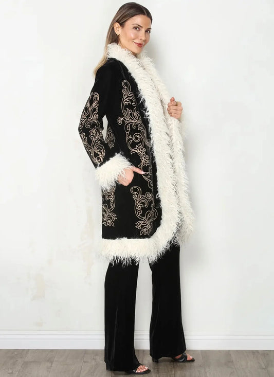 Velvet Embroidered Coat with Fur Trim