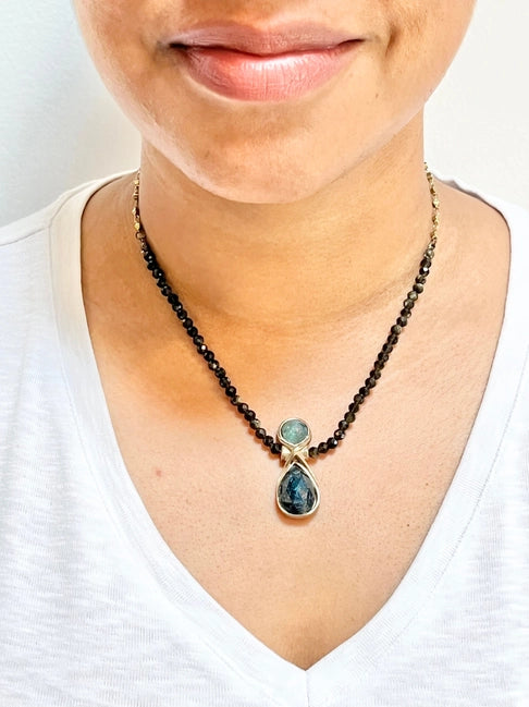 Stacked Aqua & Teal Kyanite with Golden Sheen Obsidian Necklace