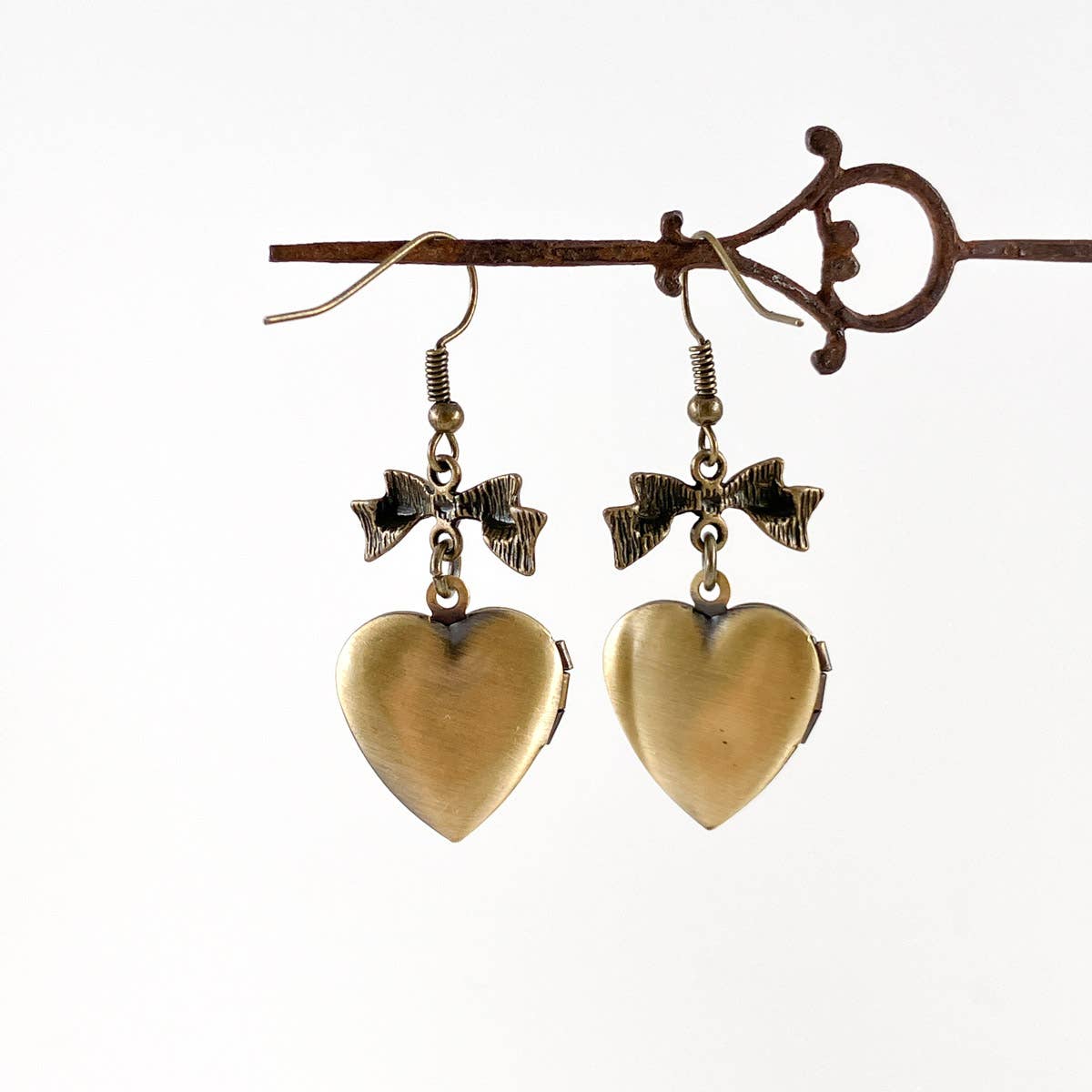 Heart Locket Earrings | Working Lockets with Bow Detail - Antique Bronze