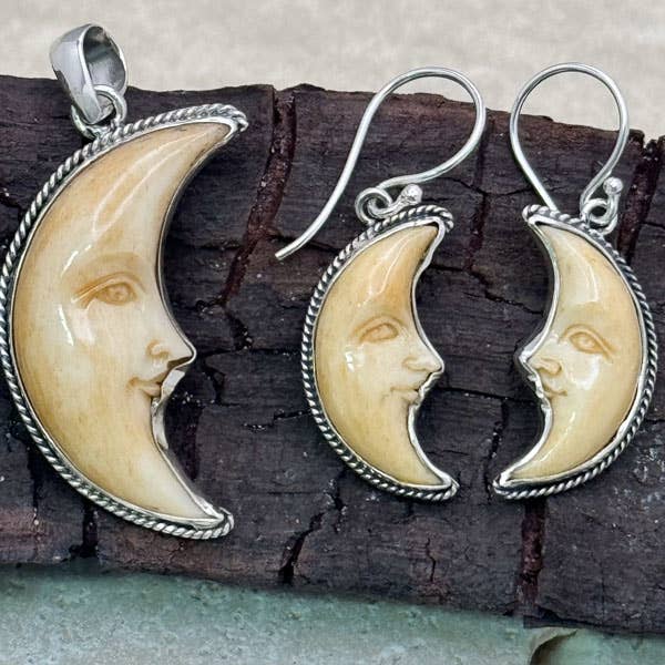 Sterling Silver Moon Earrings w/ Hand Carved Bovine - Tea