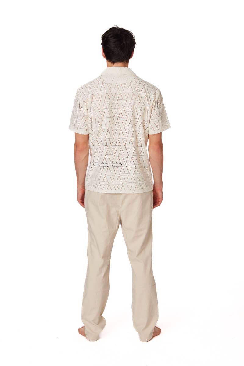 Textured Short Sleeve Men's Cotton Shirt - Off White