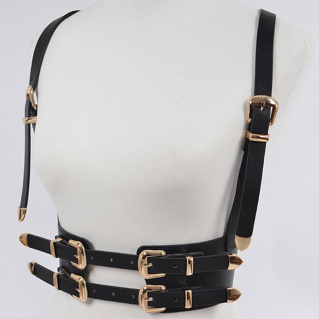 Multi Buckle Harness Belt - Black/Gold